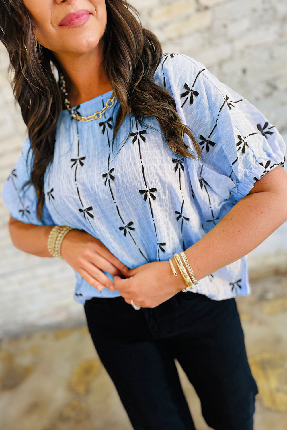 Beige Bow Print Puff Short Sleeve Top