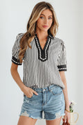 Khaki Stripe Collared Split Neck Short Bubble Sleeve Blouse