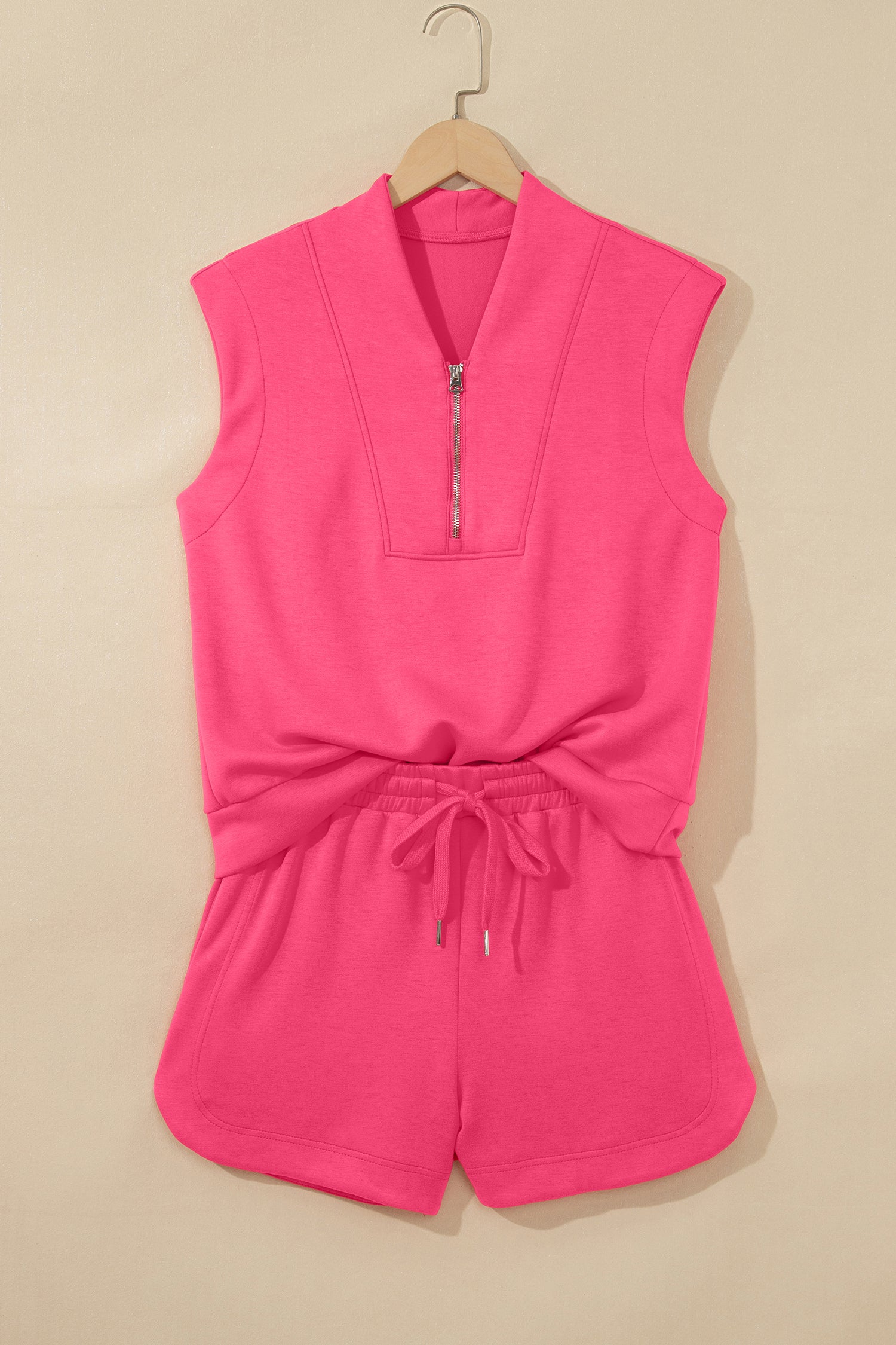 Oatmeal Quarter Zip Sleeveless Top Drawstring Shorts Casual 2pcs Outfit