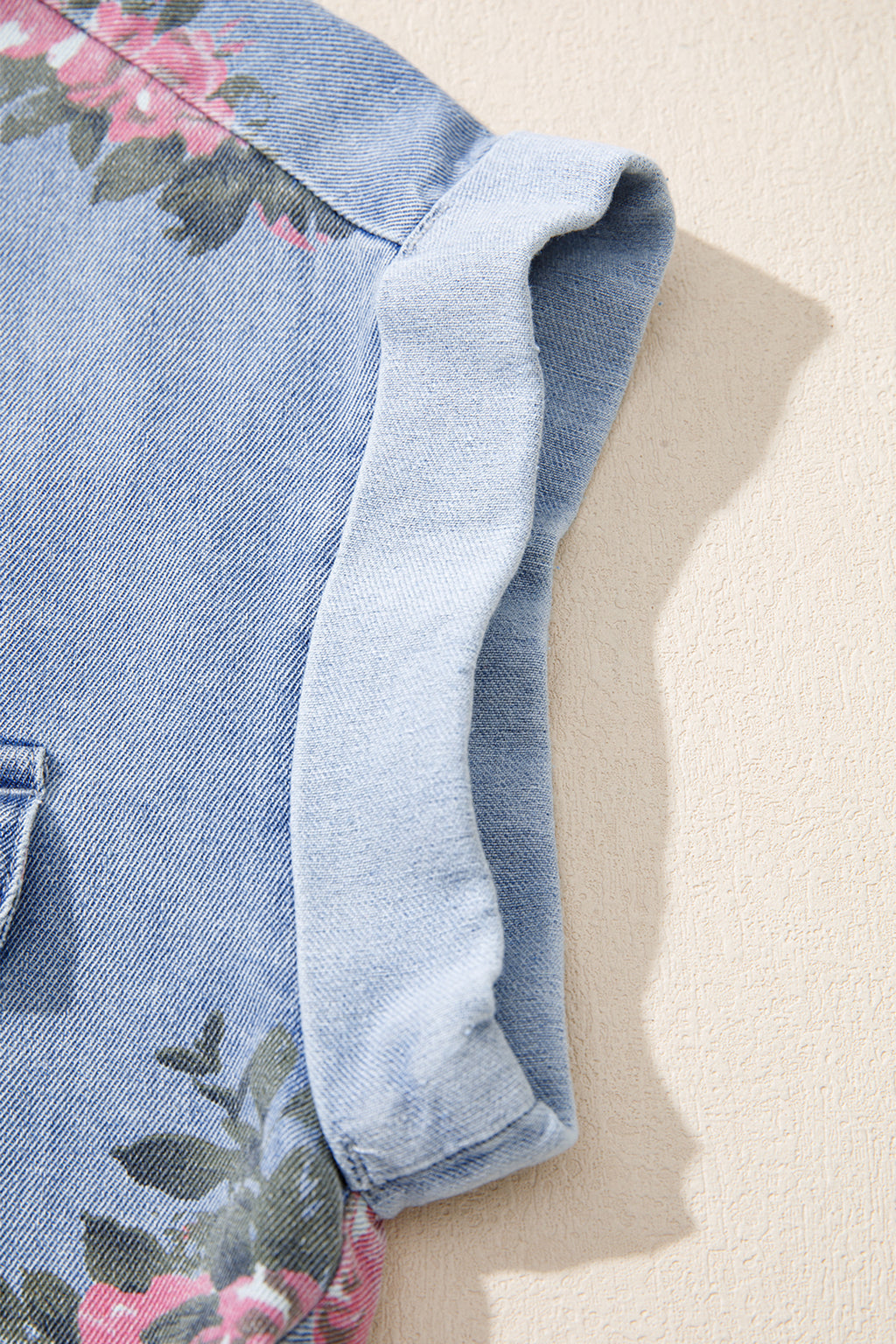 Sky Blue Denim Floral Print Cuffed Short Sleeve Button Down Shift Dress