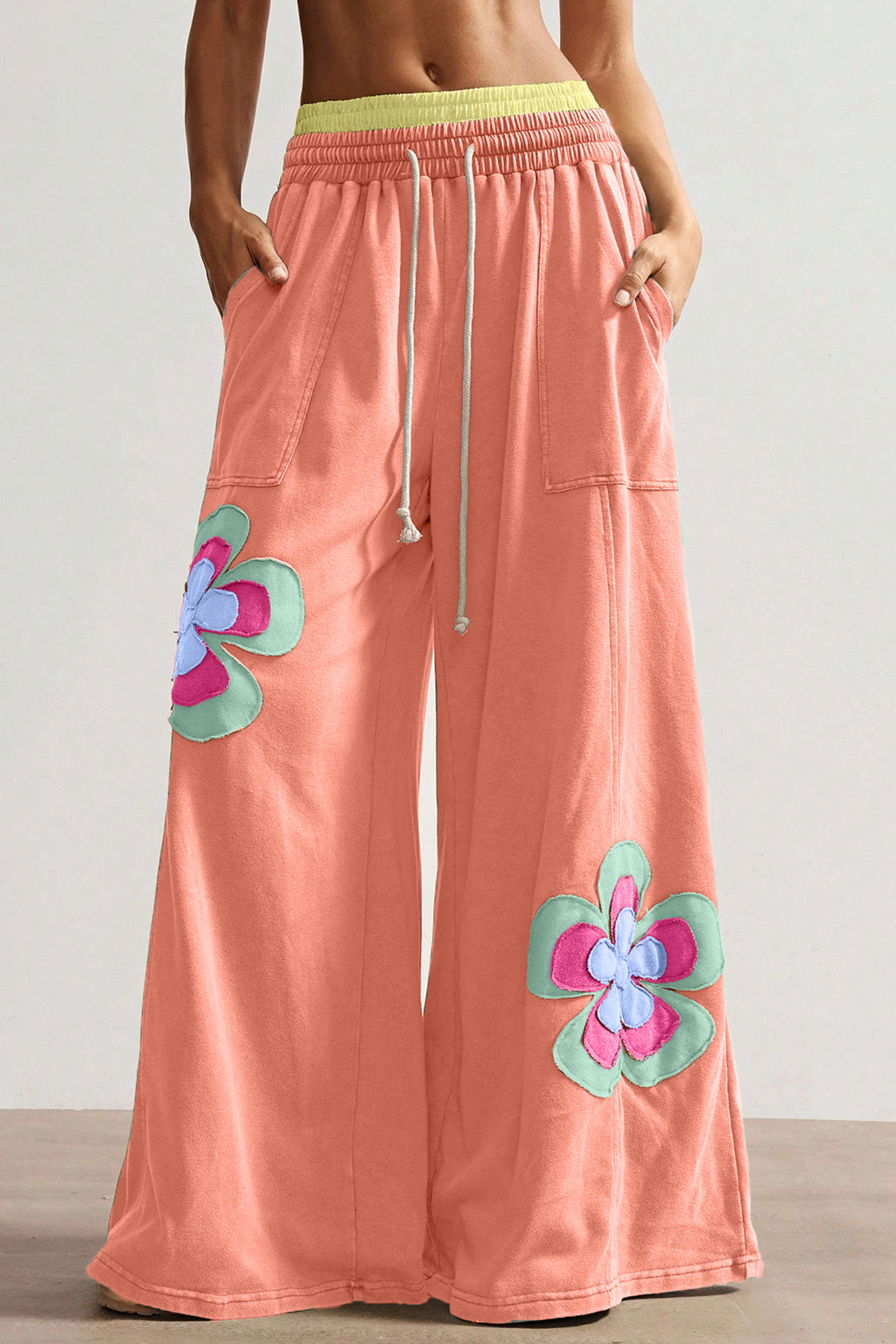 Sky Blue Color Block Flower Patchwork Drawstring Contrasted Elastic Waist Wide Leg Pants