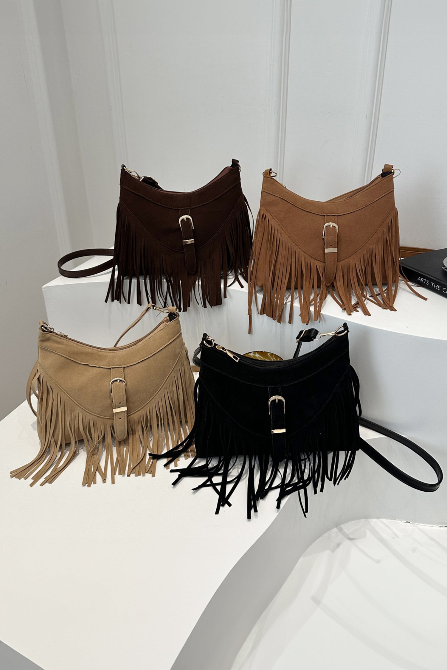 Coffee Faux Suede Boho Fringe Hobo Shoulder Bag