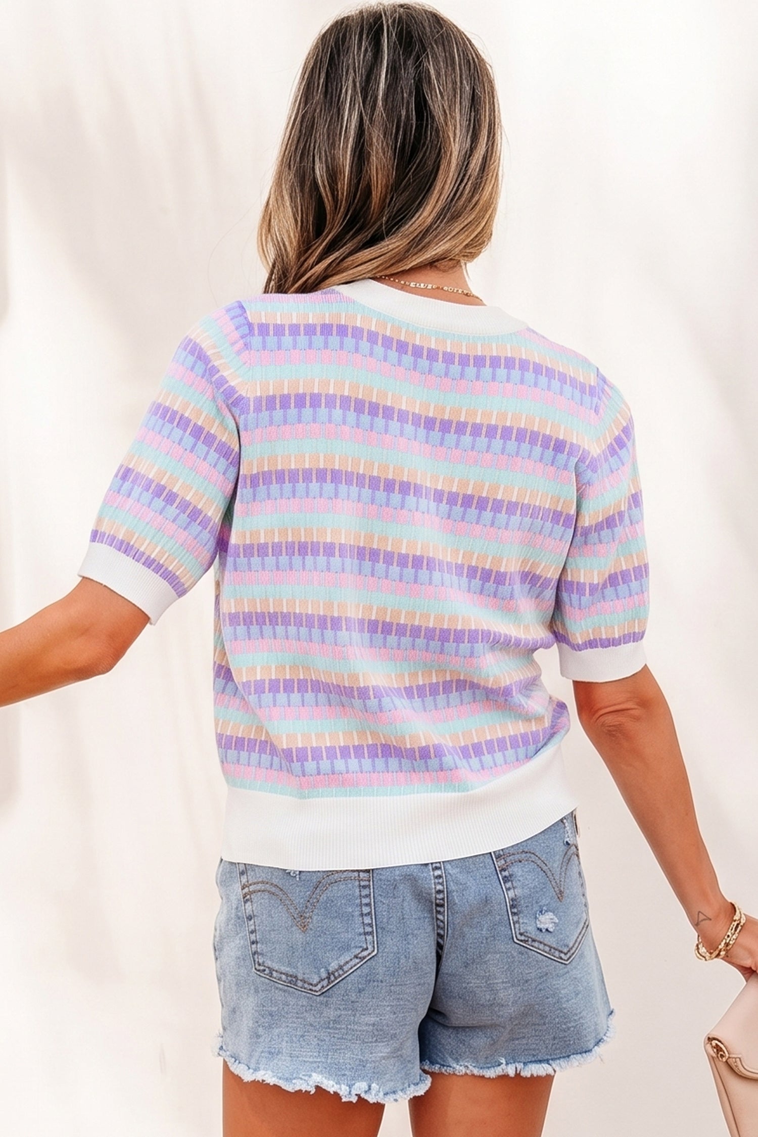 Orange Abstract Striped Knit Short Sleeve Sweater