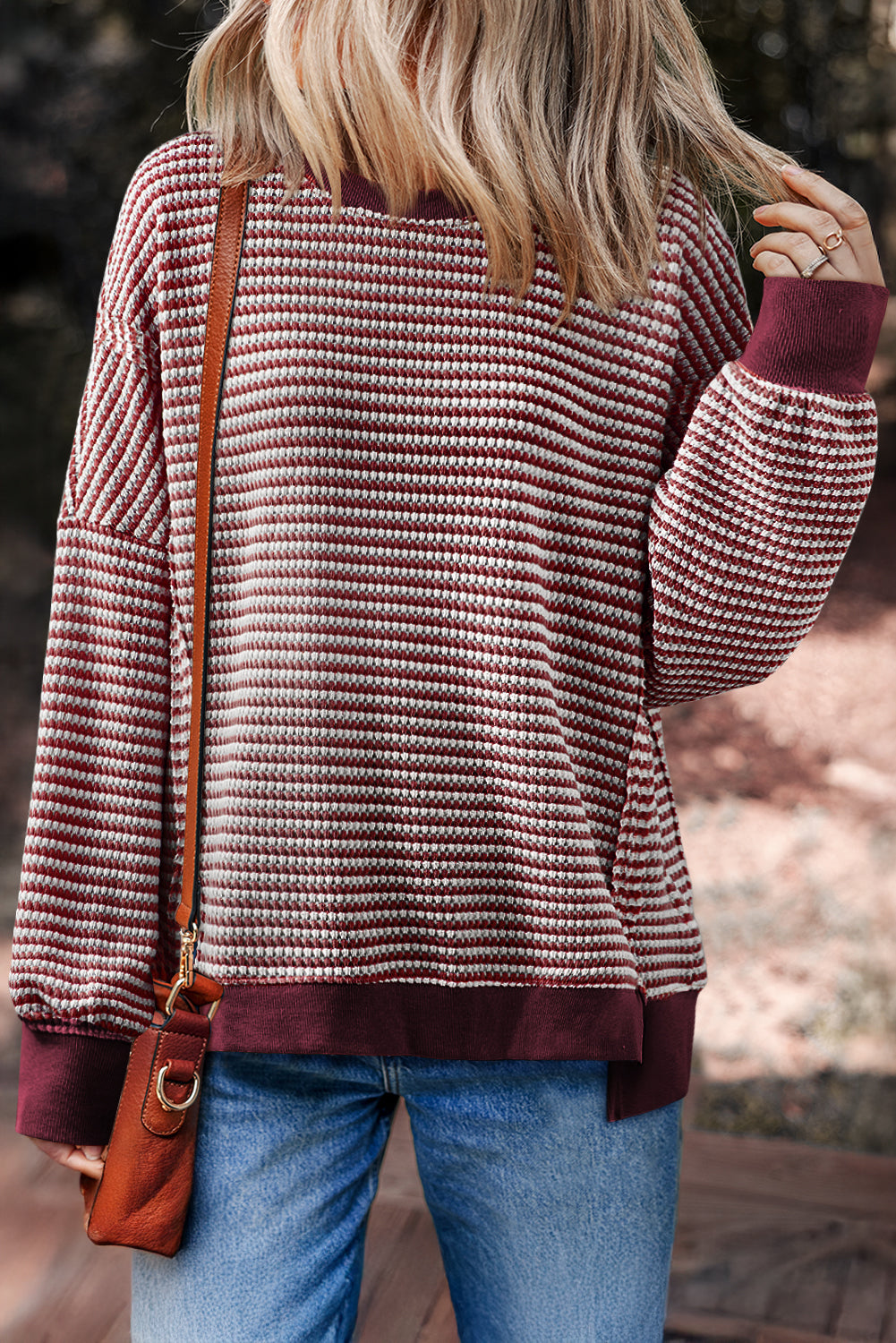 Brown Stripe Ribbed Trim Drop Shoulder Long Sleeve Oversize Top