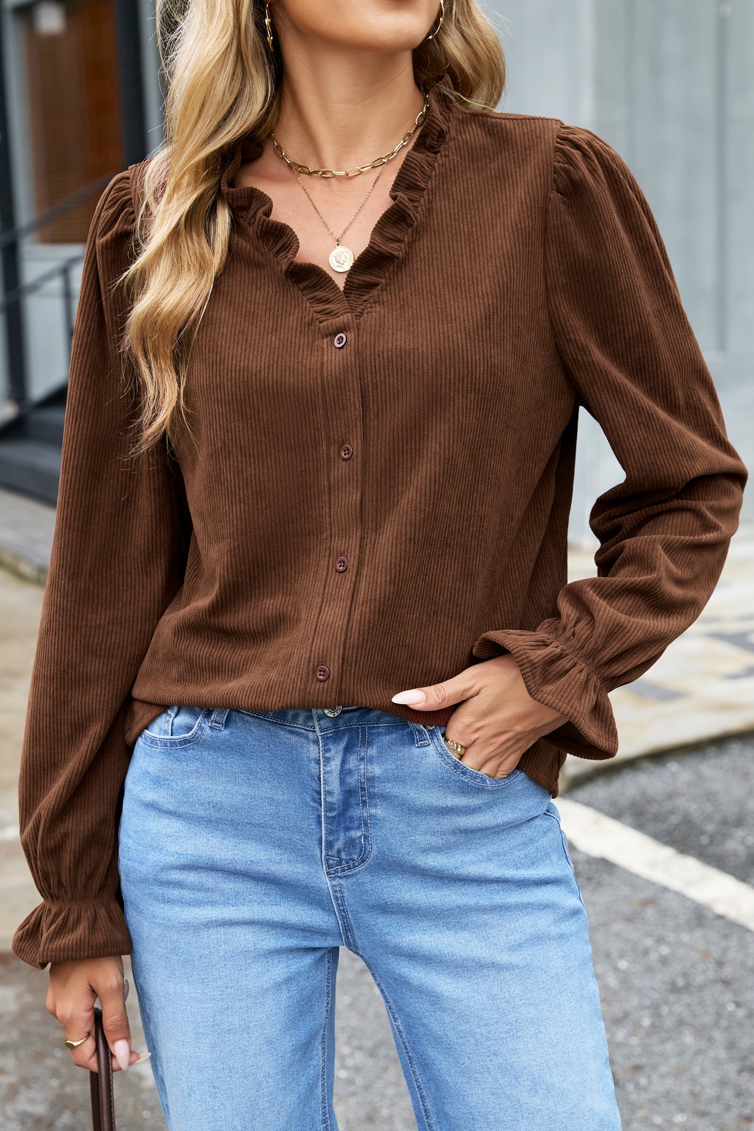 Coffee Solid Color Ruffle Trim V Neck Long Sleeve Button Corduroy Shakcet