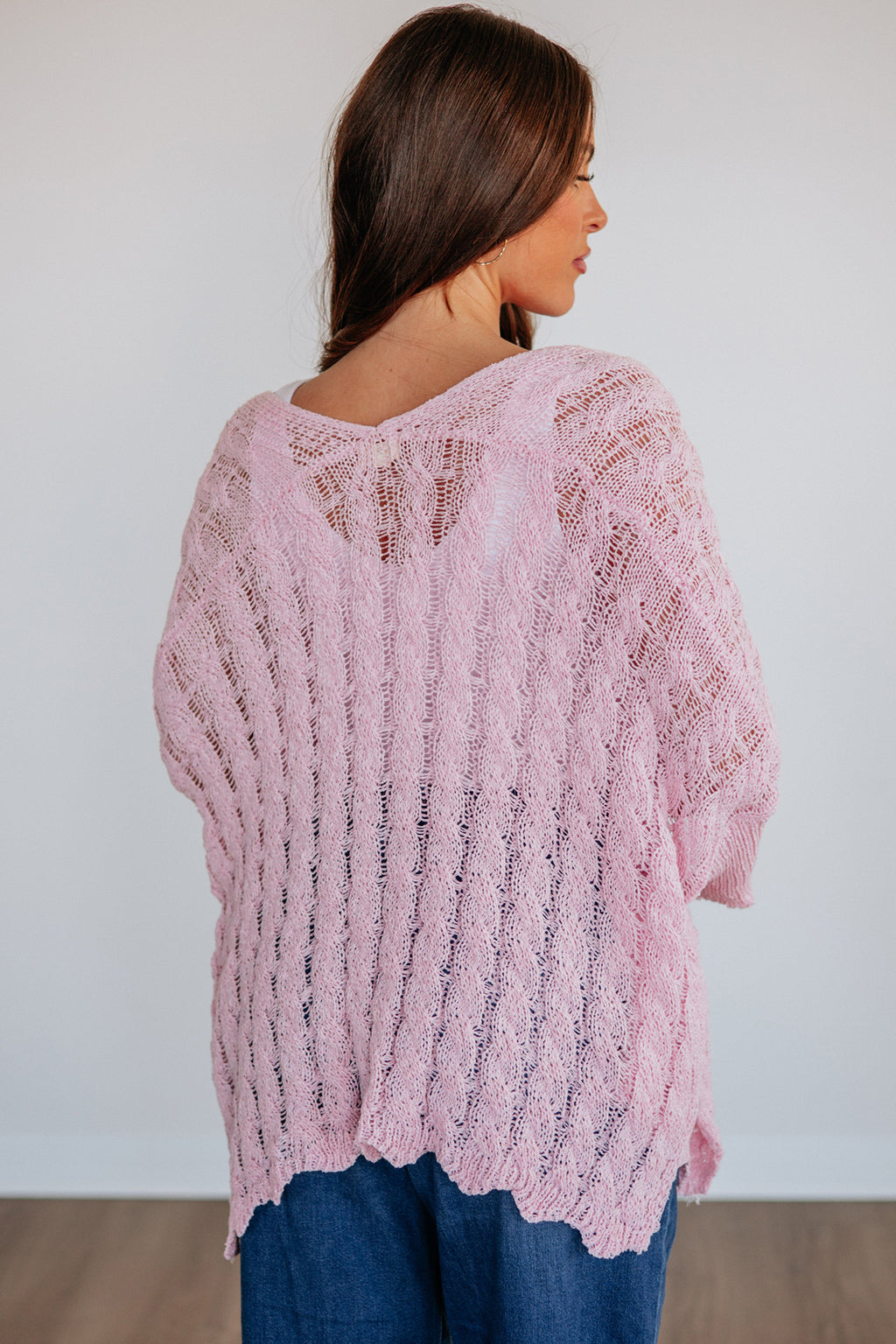 Pink Hollowed Pattern Knit Drop Shoulder Open Sweater Cardigan