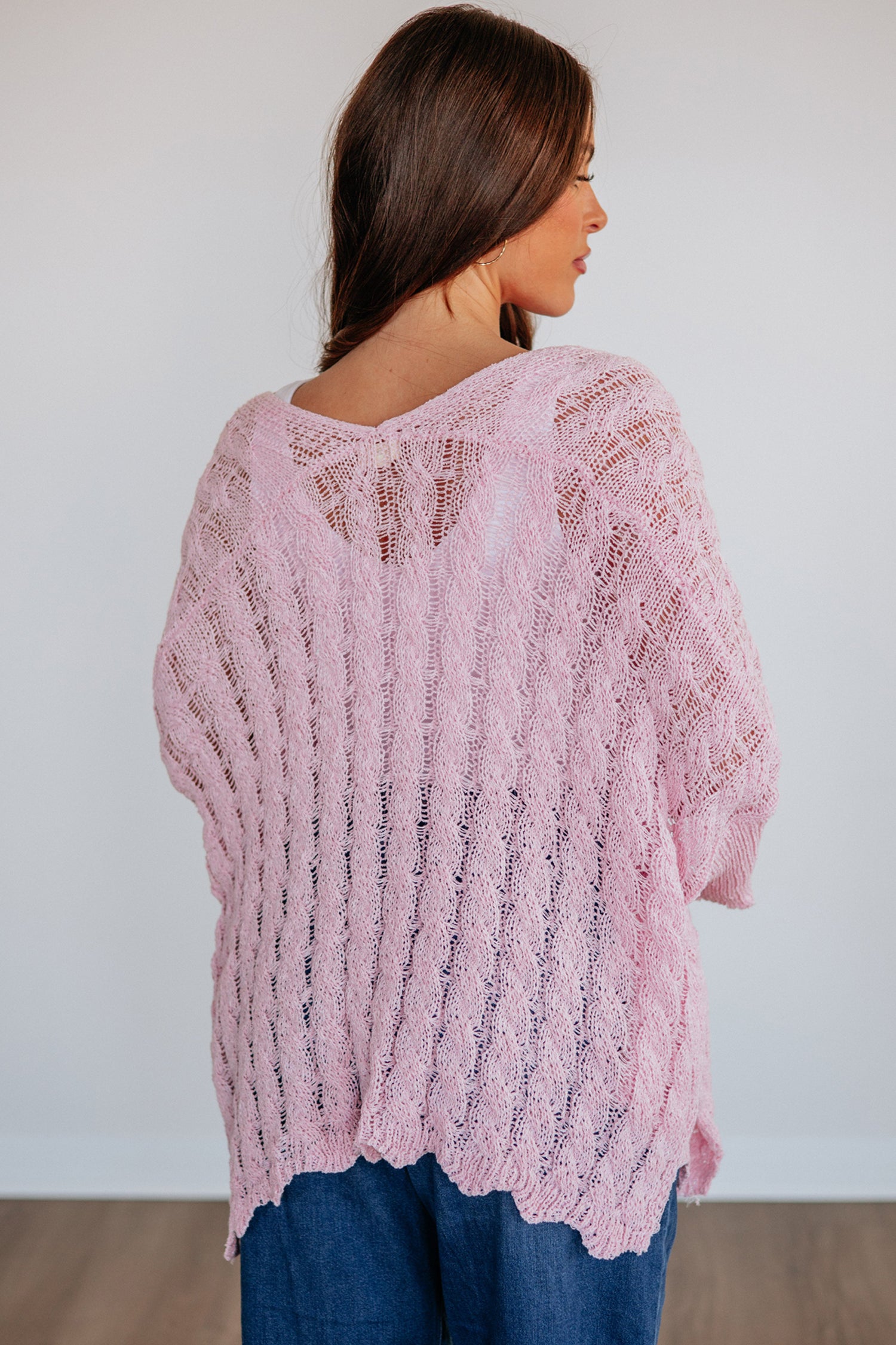 Pink Hollowed Pattern Knit Drop Shoulder Open Sweater Cardigan