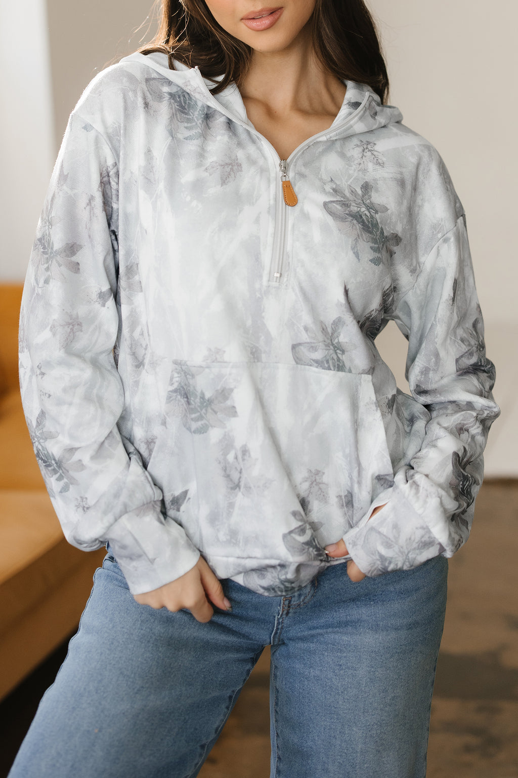 Gray Camo Leaf Print Kangaroo Pocket Quarter Zip Hoodie