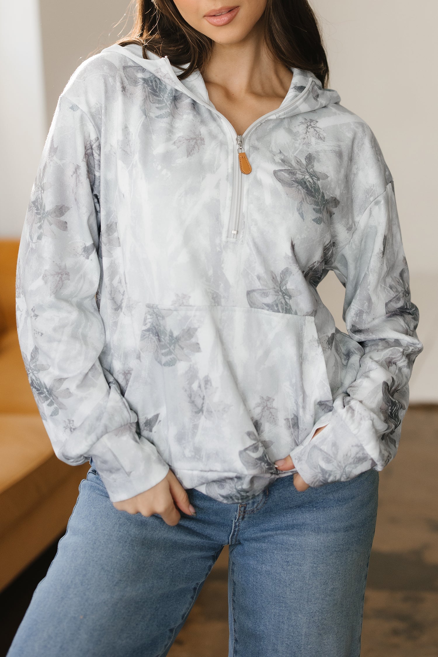 Gray Camo Leaf Print Kangaroo Pocket Quarter Zip Hoodie