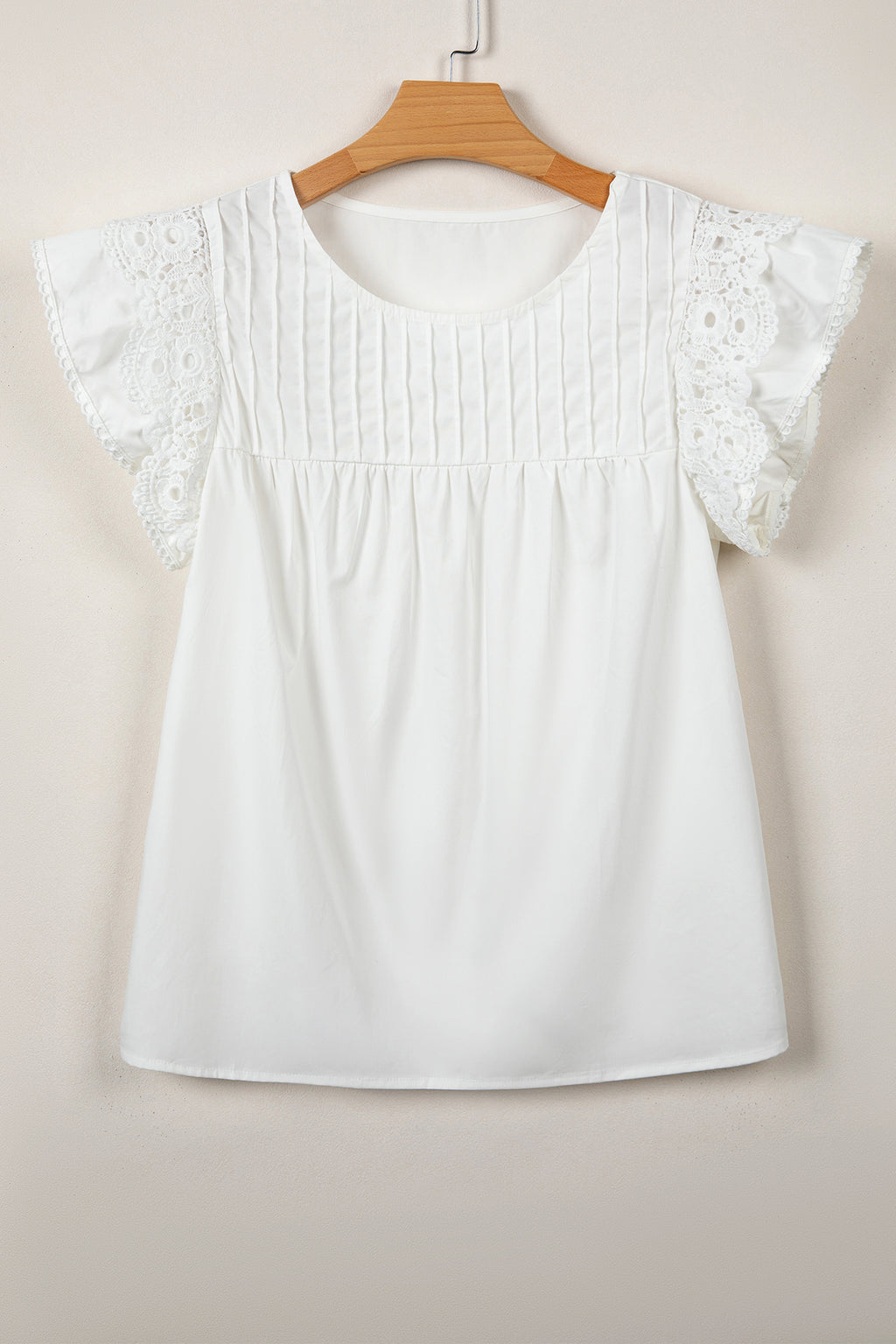 White Lace Detail Flutter Sleeve Pleated Round Neck Blouse