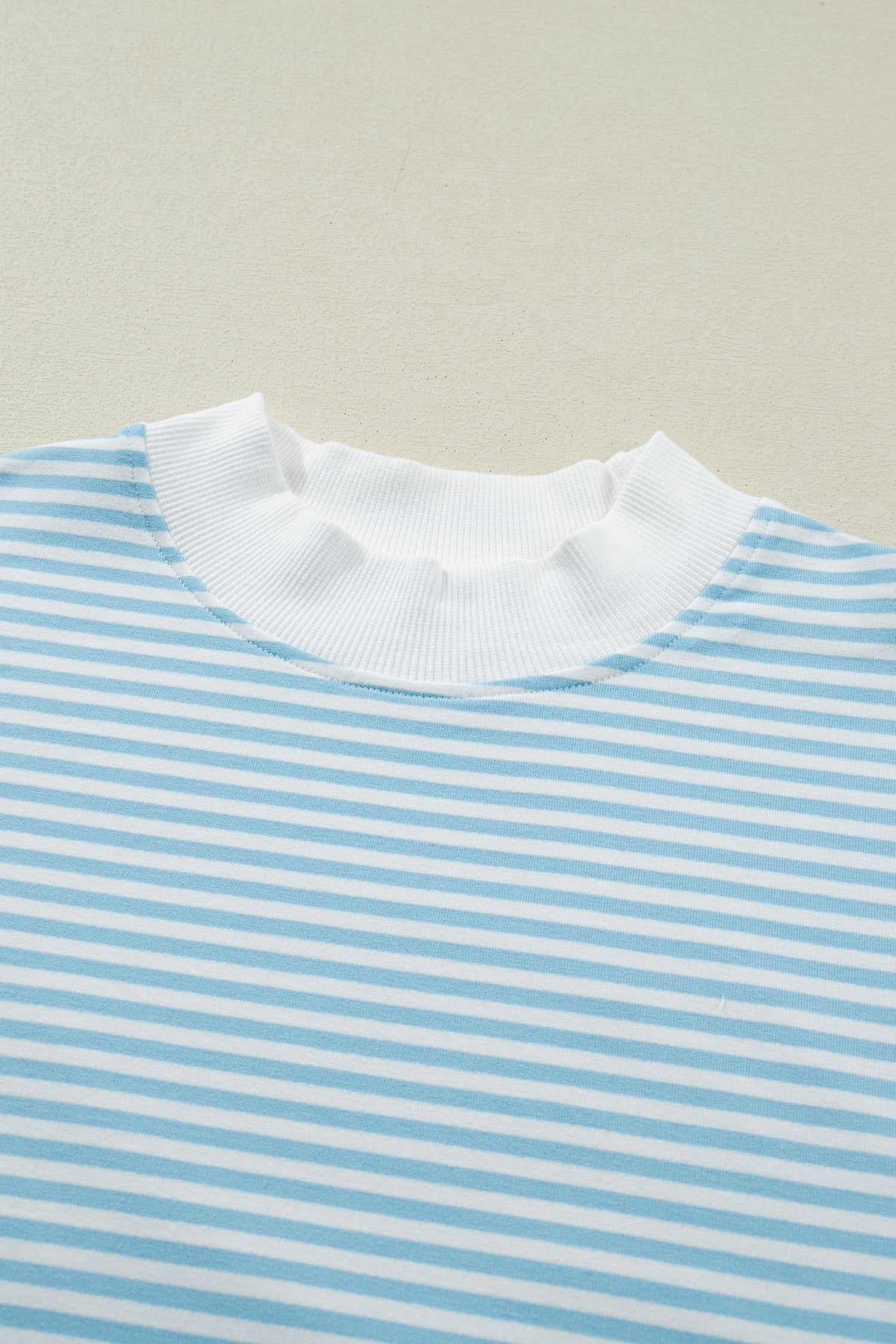 Pink Stripe Cuffed Sleeve Contrast Mock Neck Tee Casual 2pcs Short Set