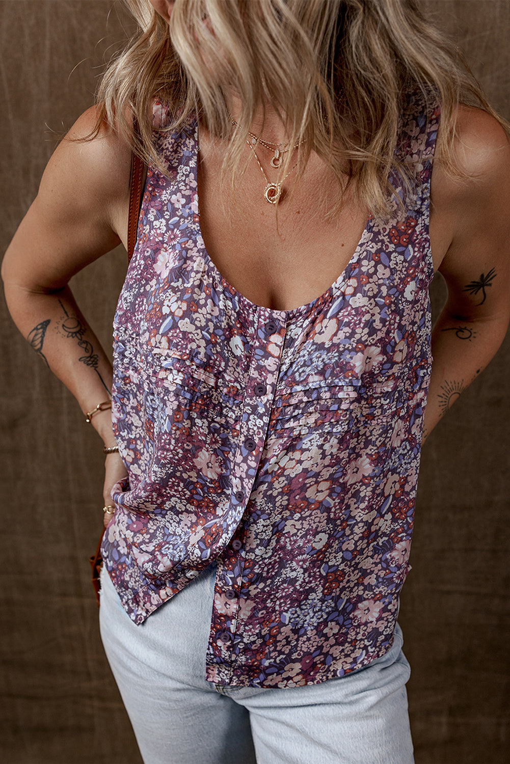 Yellow Boho Floral Pleated Buttoned Front Tank Top