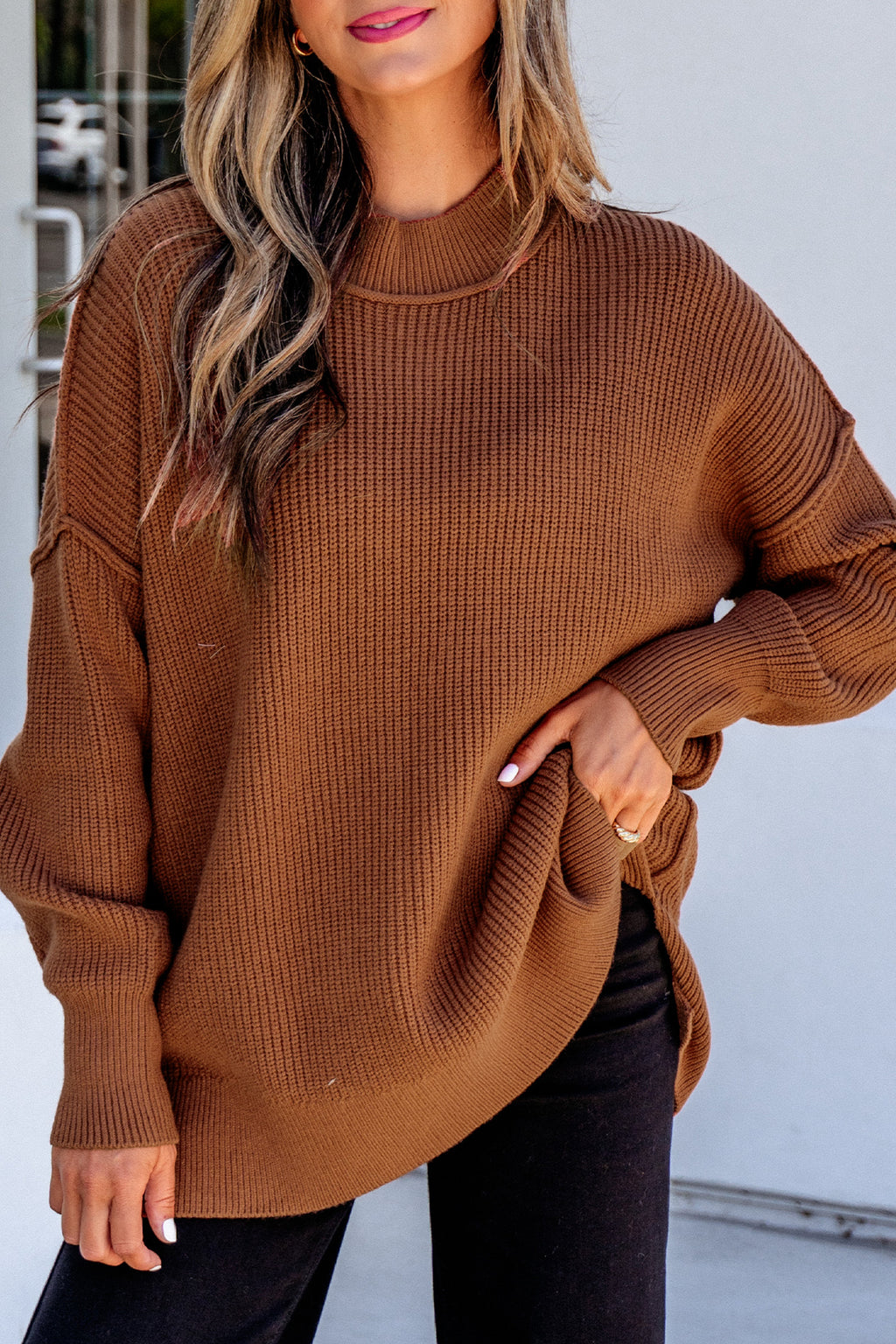 Chestnut Long Sleeve Ribbed Knit Stand Neck Regular Fit Sweater