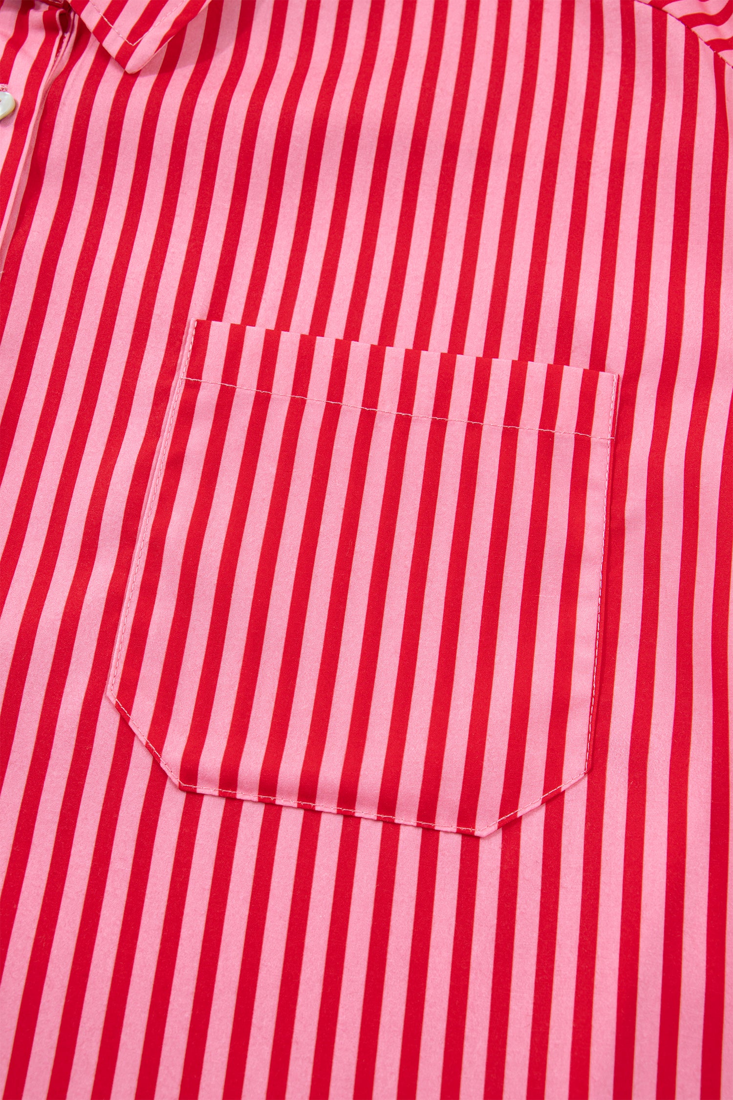 Red Stripe Button-Up Shirt Long Sleeve Patch Pocket Casual Shirt