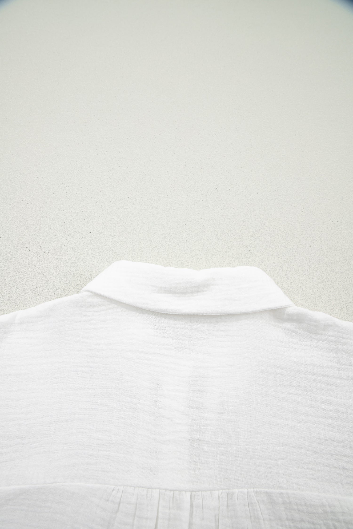 White Lace Trim Cuffed Short Sleeve Textured Shirt