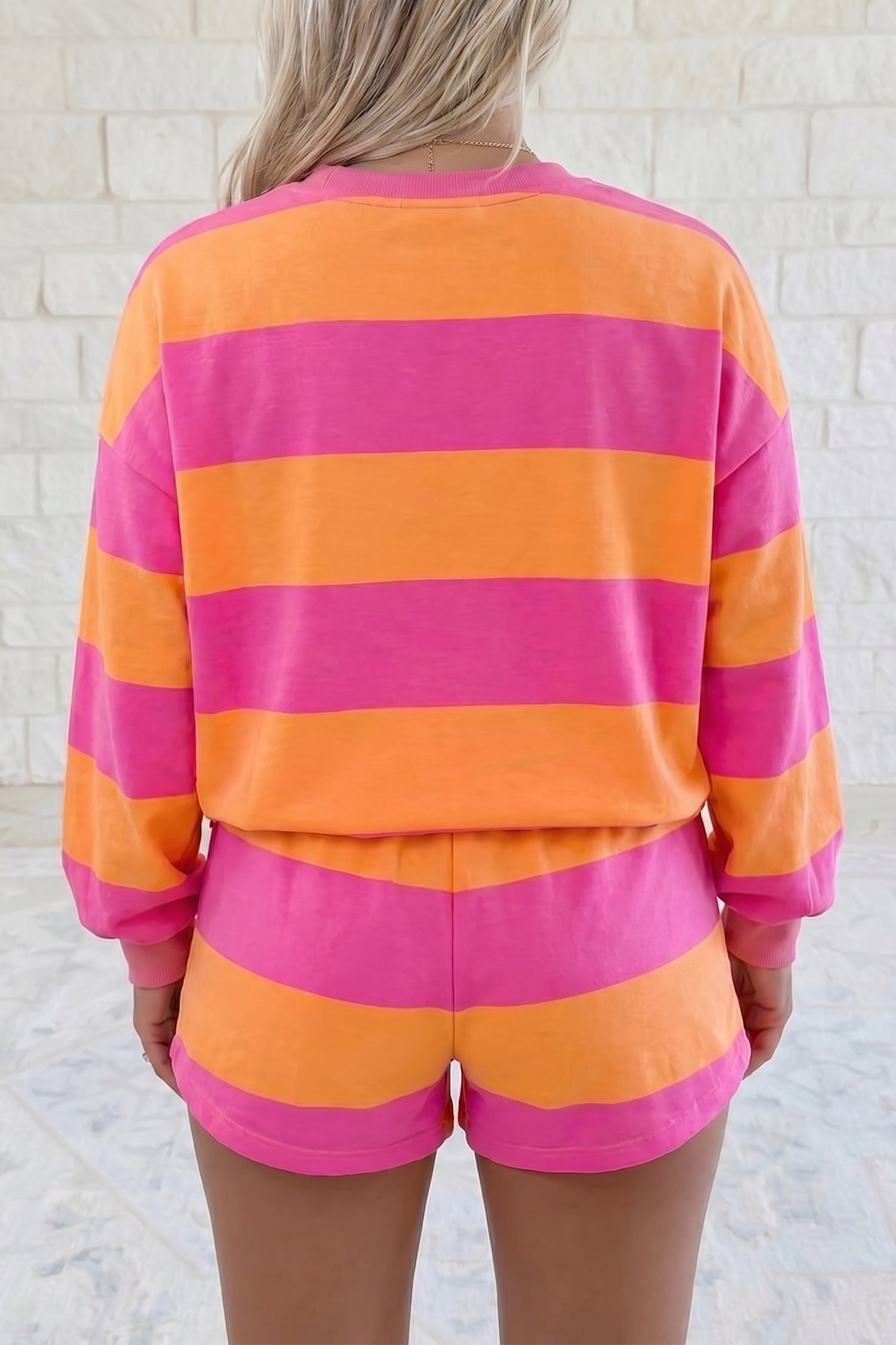 Pink Stripe Long Sleeve Casual Top Drawstring Shorts 2pcs Set