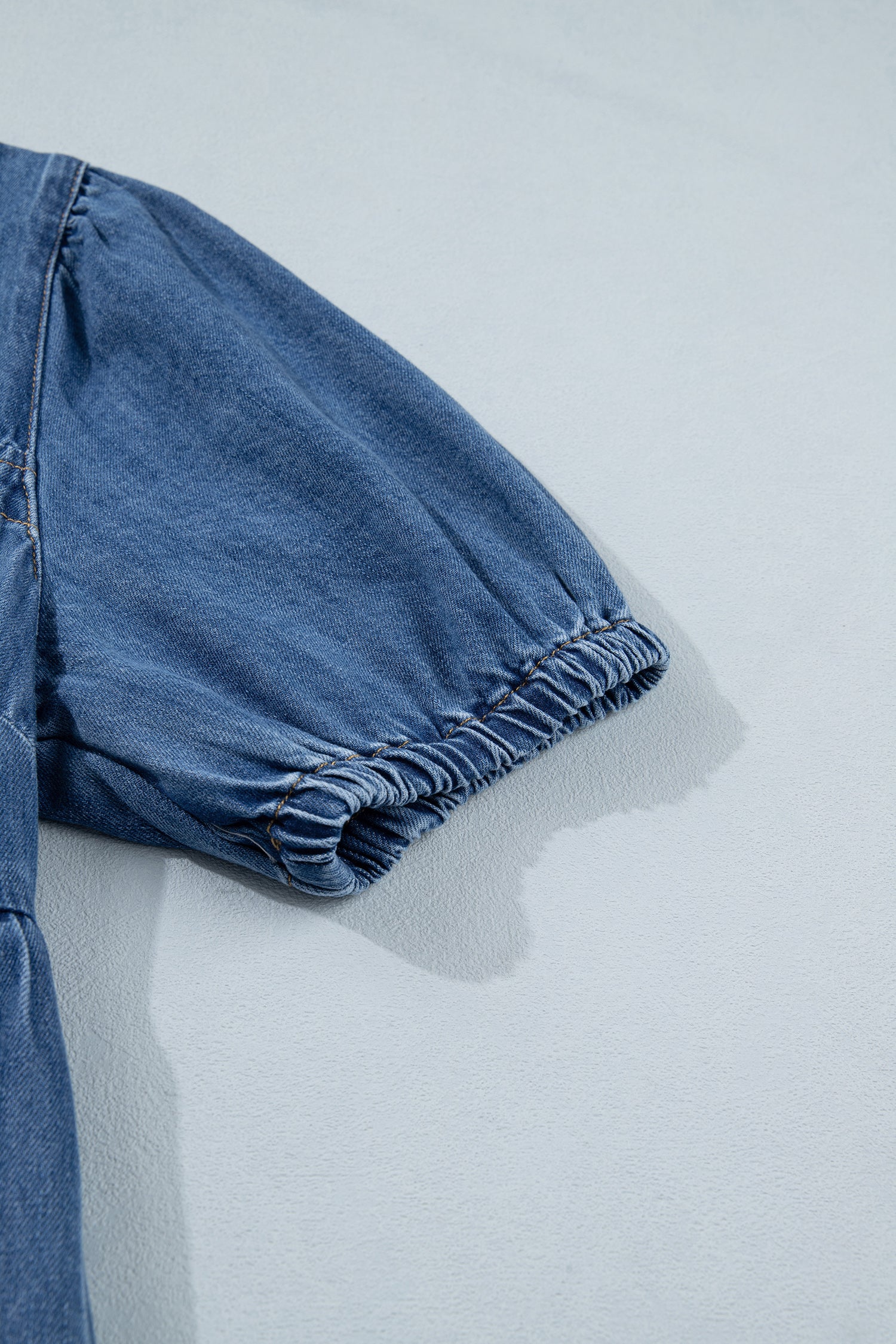Prussian Blue Button Square Neck Short Puff Sleeve Denim Mini Dress
