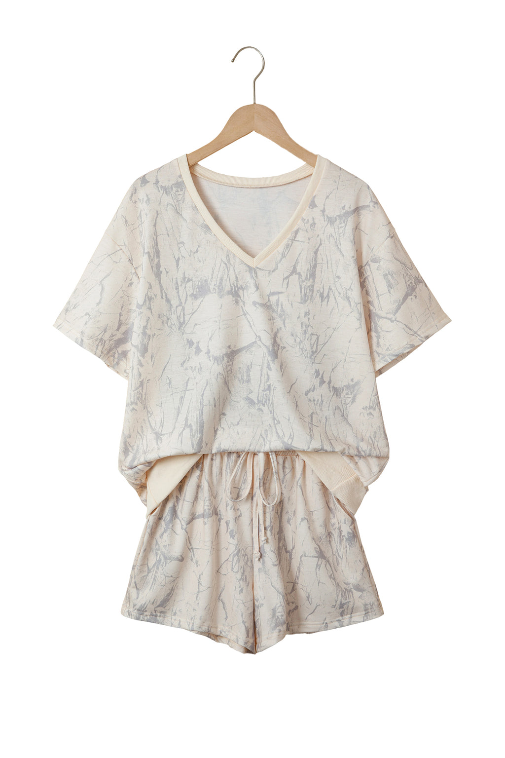 Khaki Abstract Print V Neck Loose Tee Drawstring Shorts 2pcs Outfit