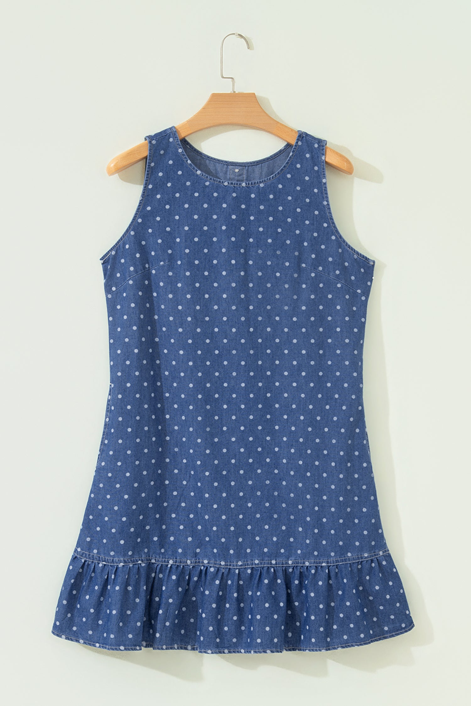 Blue Polka Dot Ruffle Hem Sleeveless Shift Dress Mini Vacation Wholesale