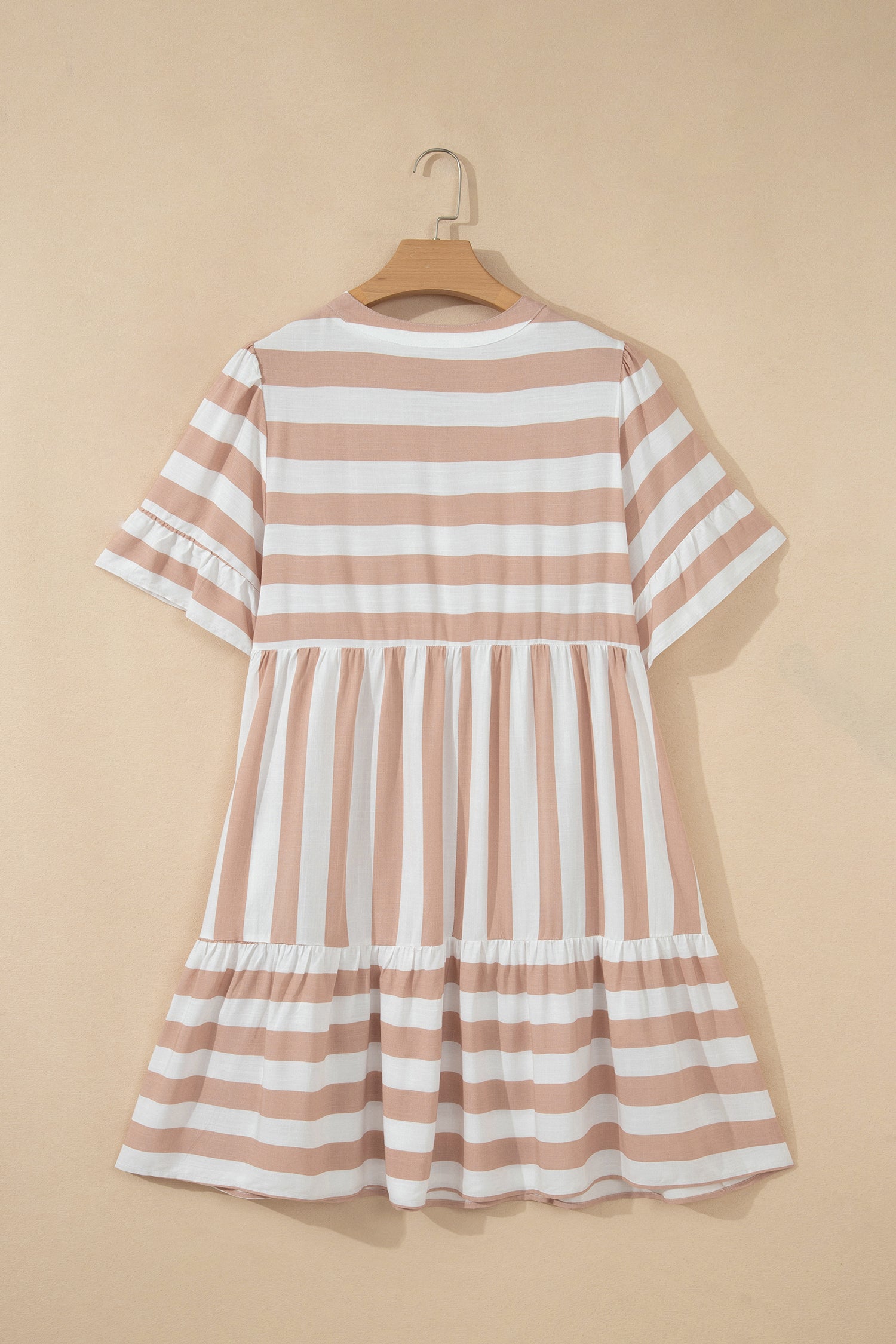 Khaki Stripe Tie V Neck Ruffle Trim Short Sleeve Flared Summer Dress