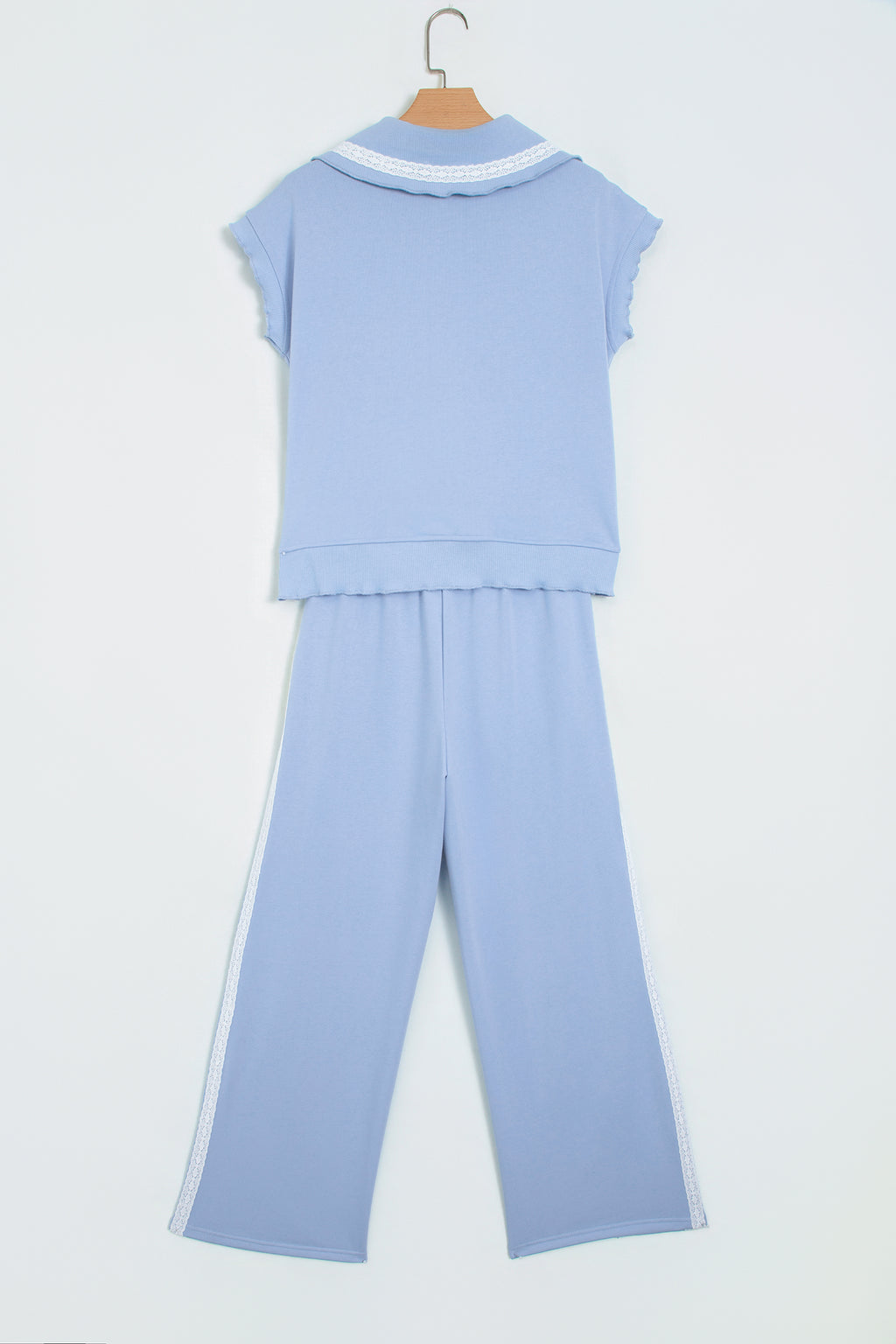 Sky Blue Lace Accent Zipped Collar Short Sleeve Top Sweatpants Set