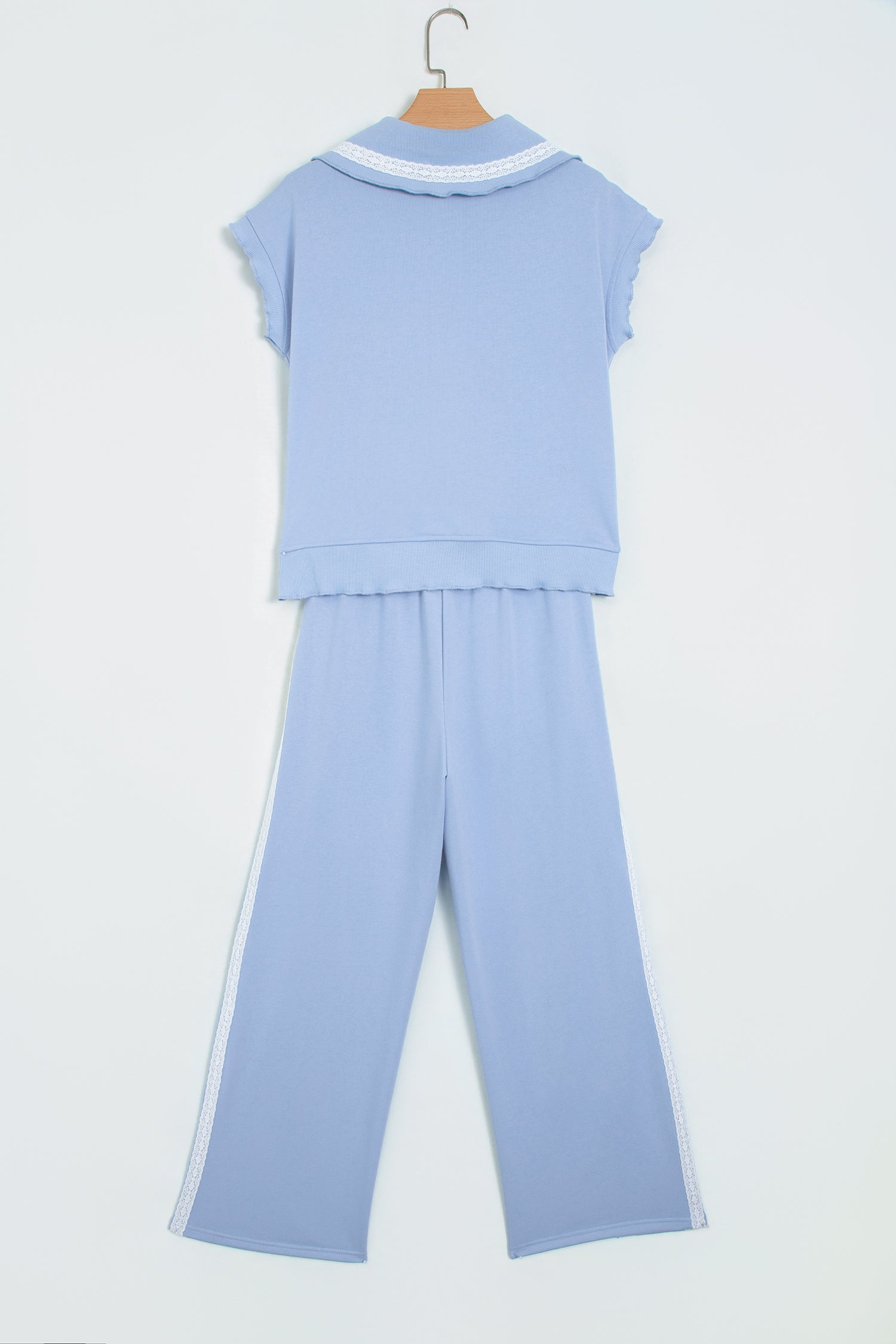 Sky Blue Lace Accent Zipped Collar Short Sleeve Top Sweatpants Set