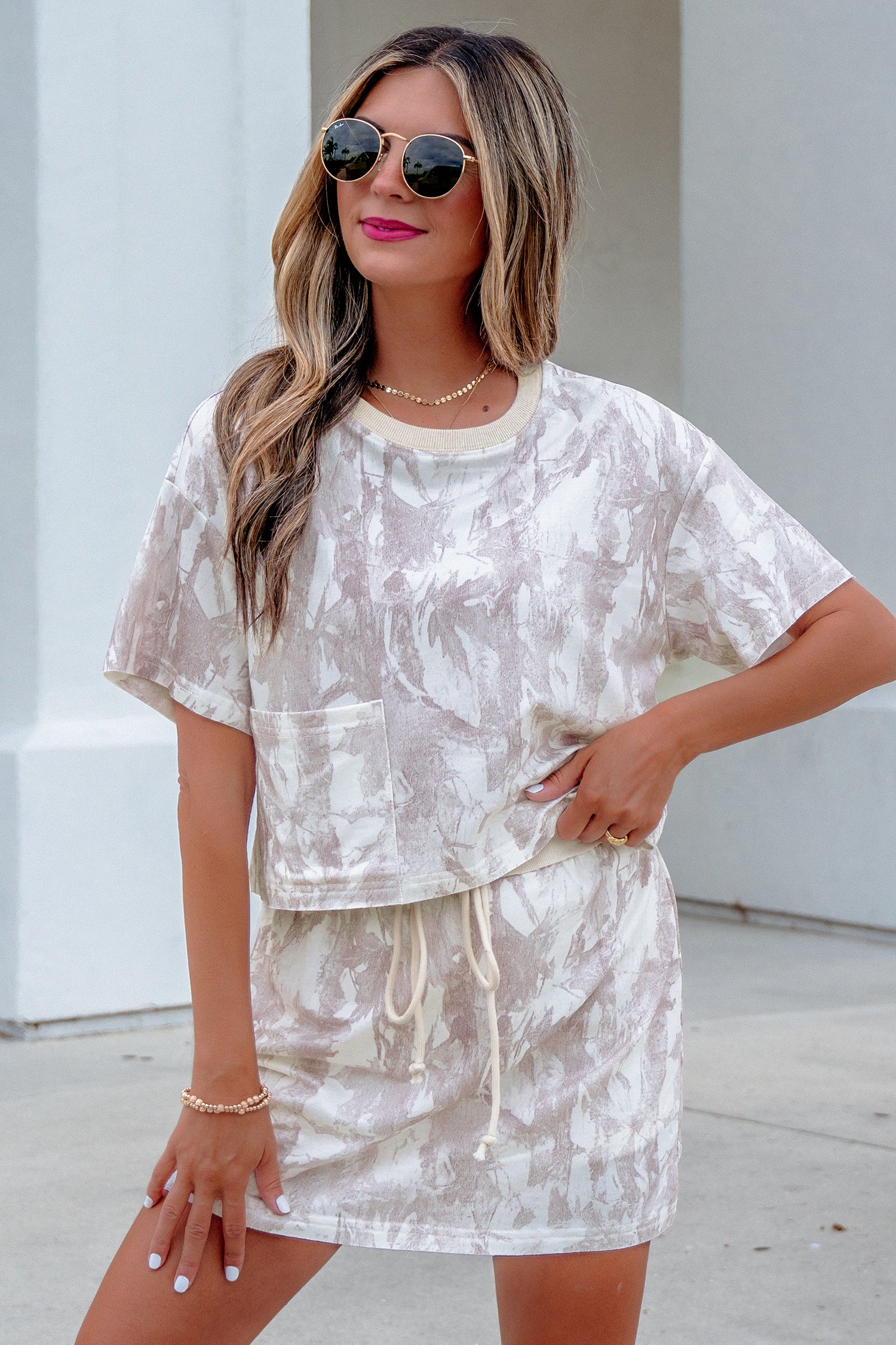 Gray Woodland Camo Print Raw Edge Cropped Top Skirt Set