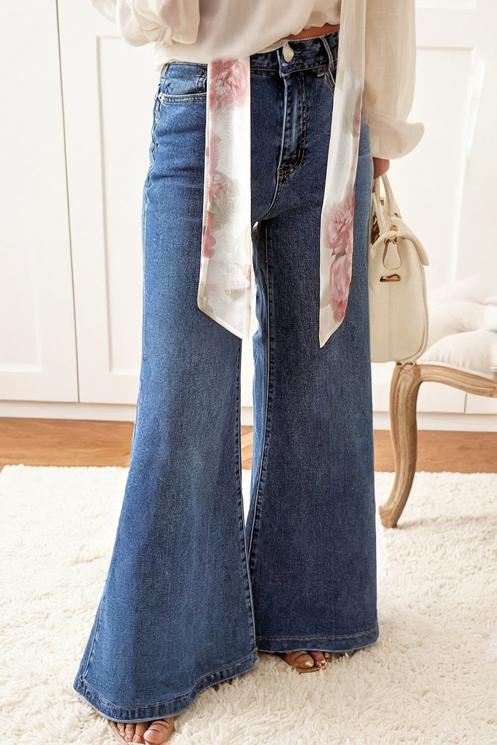 Beau Blue High Waist Button Zip Fly Bell Bottom Jeans