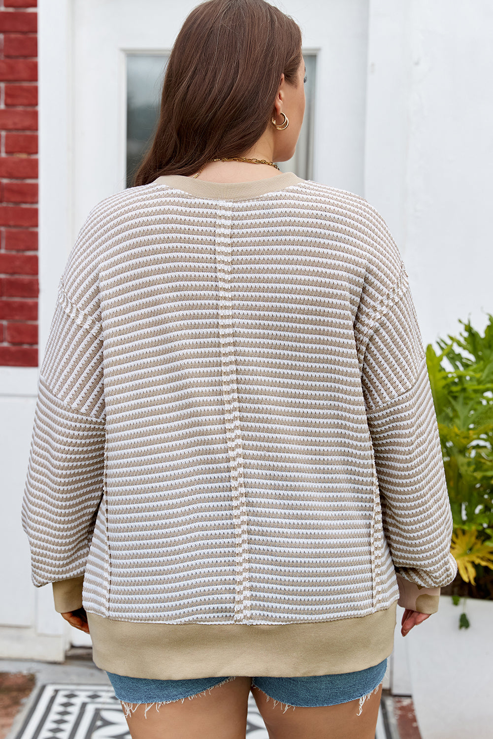Brown Stripe Plus Size Breathable Knit Ribbed Trim Long Sleeve Top