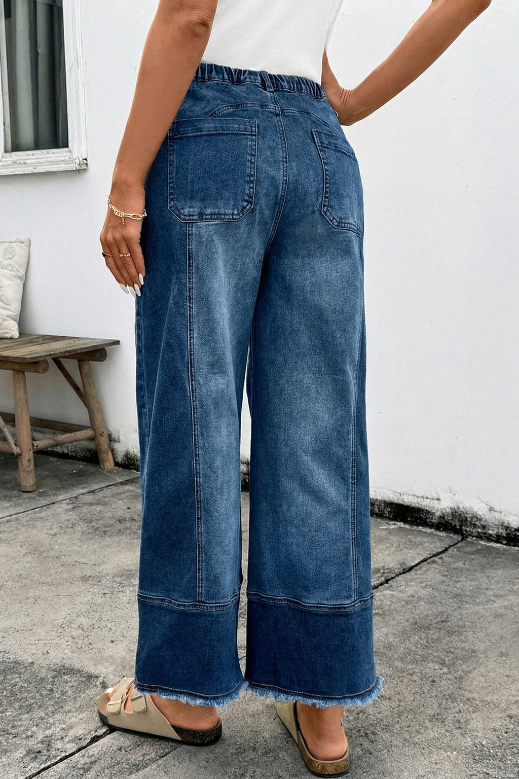 Gray Drawstring Seam Detail Raw Hem Wide Leg Denim Pants