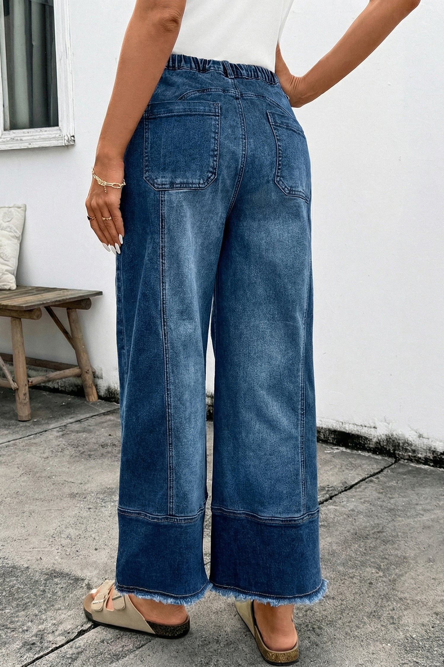 Gray Drawstring Seam Detail Raw Hem Wide Leg Denim Pants