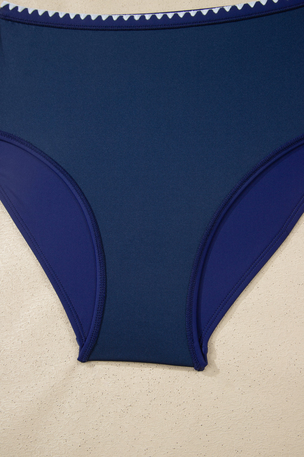 Dark Blue Shell Stitched Trim V Neck Textured Mix and Match High Waist Bikinis