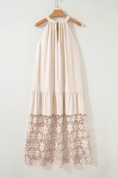 Beige Sheer Hollowed Floral Lace Hem Patchwork Loose Halter Summer Dress