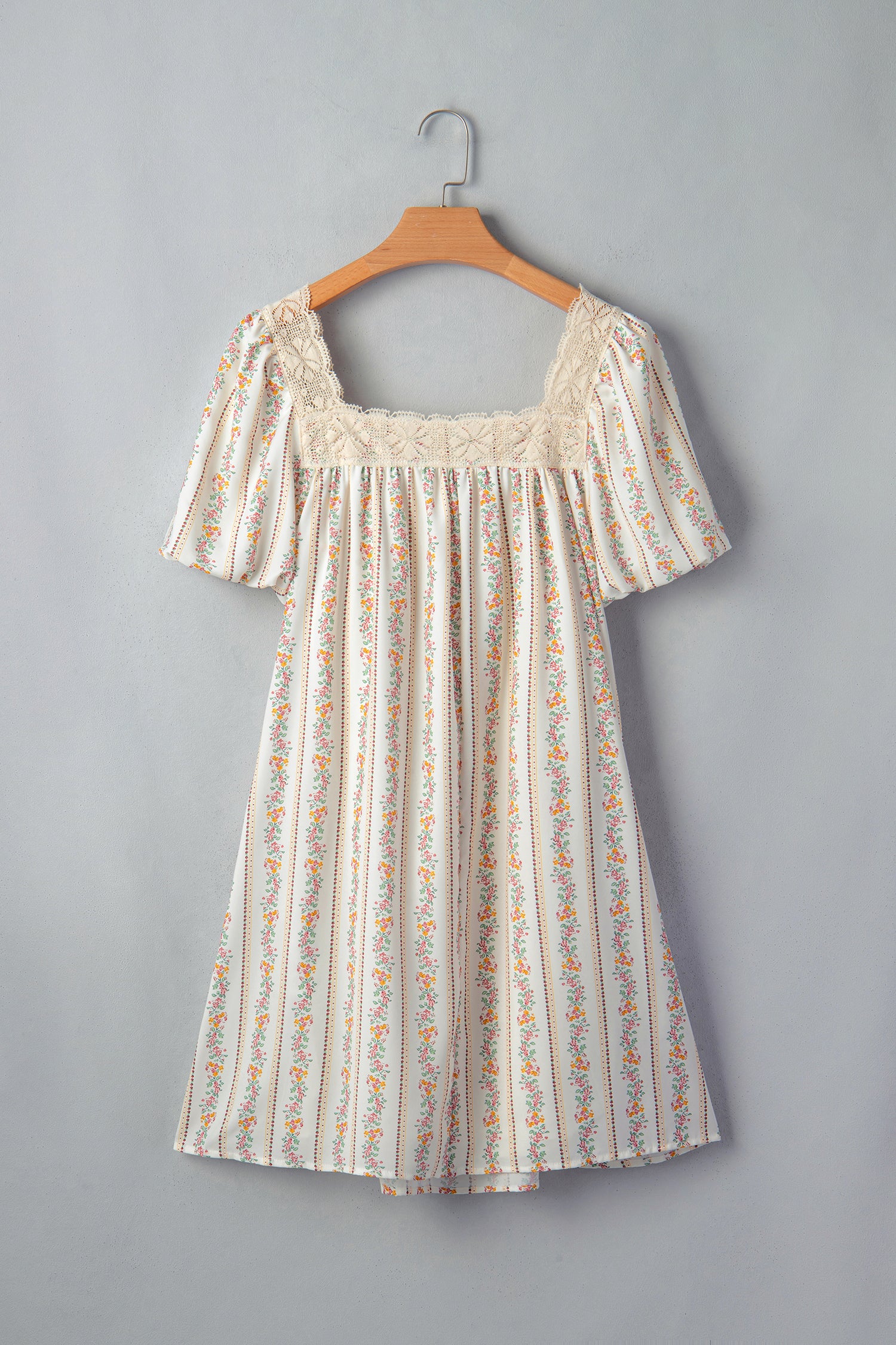 Multicolour Floral Print Contrast Ribbon Bow Lace Trim Square Neck Mini Dress