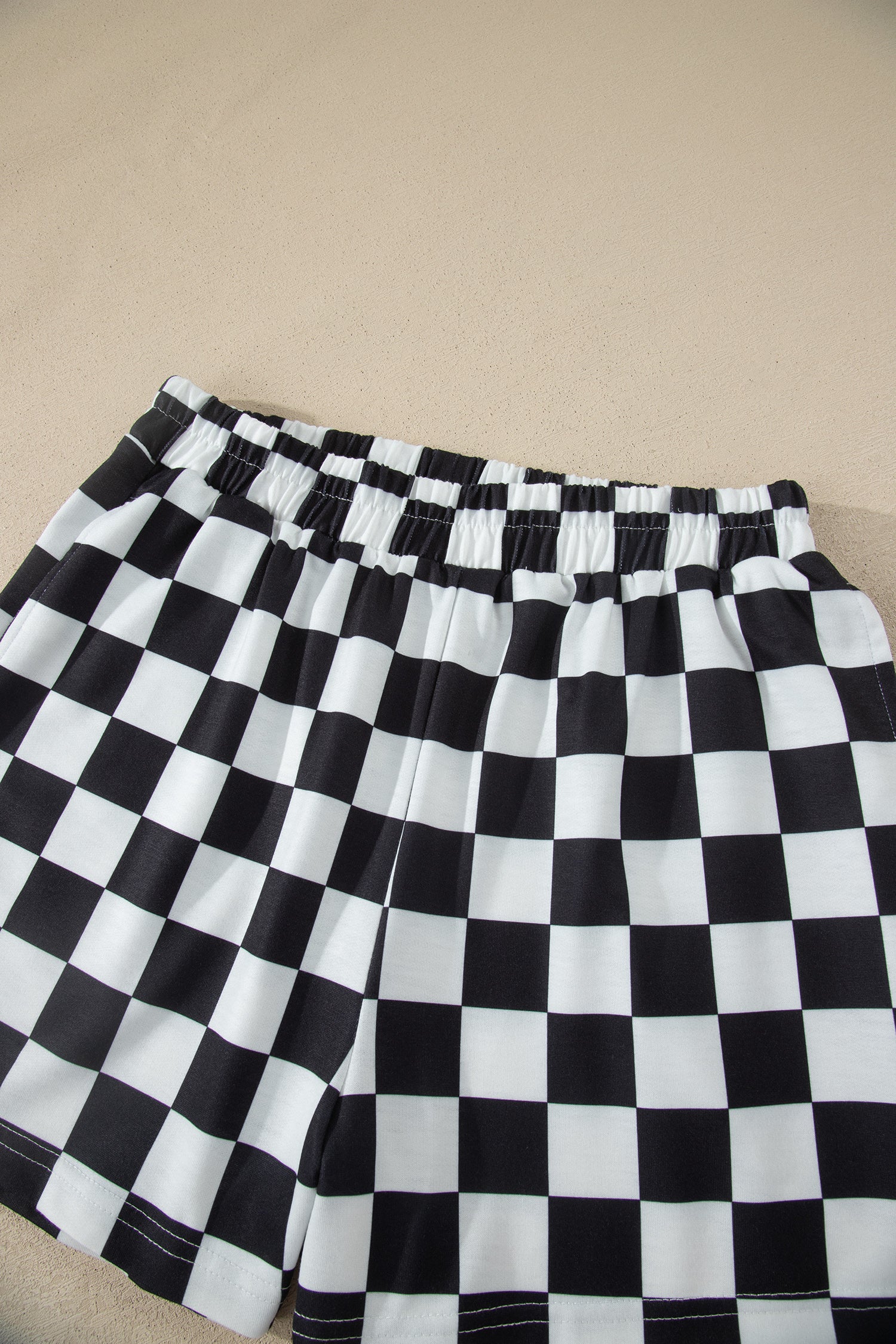 Pink Checkered Print Color Block Trim Mock Neck Short Set