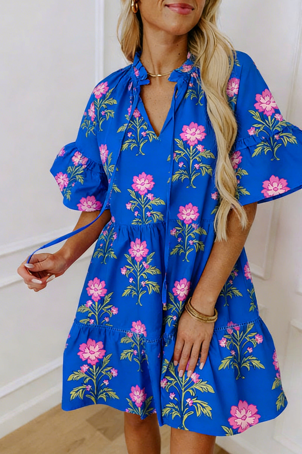 Blue V Neck Short Sleeve Loose Flower Dress