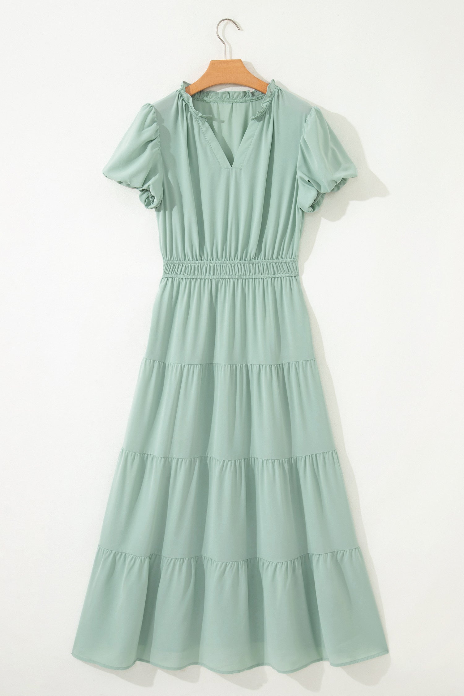 Bright Green Solid Color V Neck Short Puff Sleeve High Waist Tiered Maxi Dress