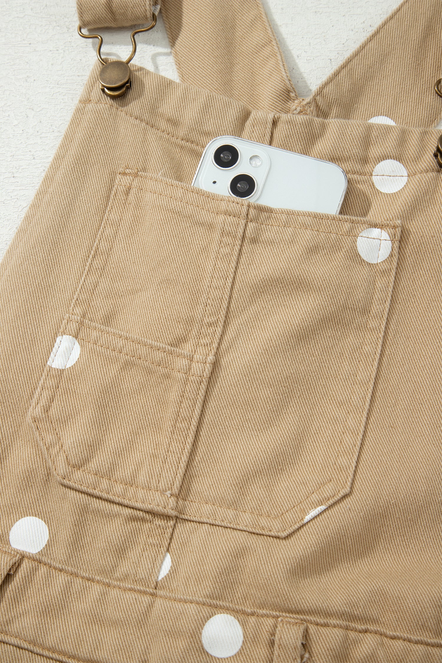 Light French Beige Polka Dot Print Bib Pocket Denim Barrel Overalls Jumpsuit