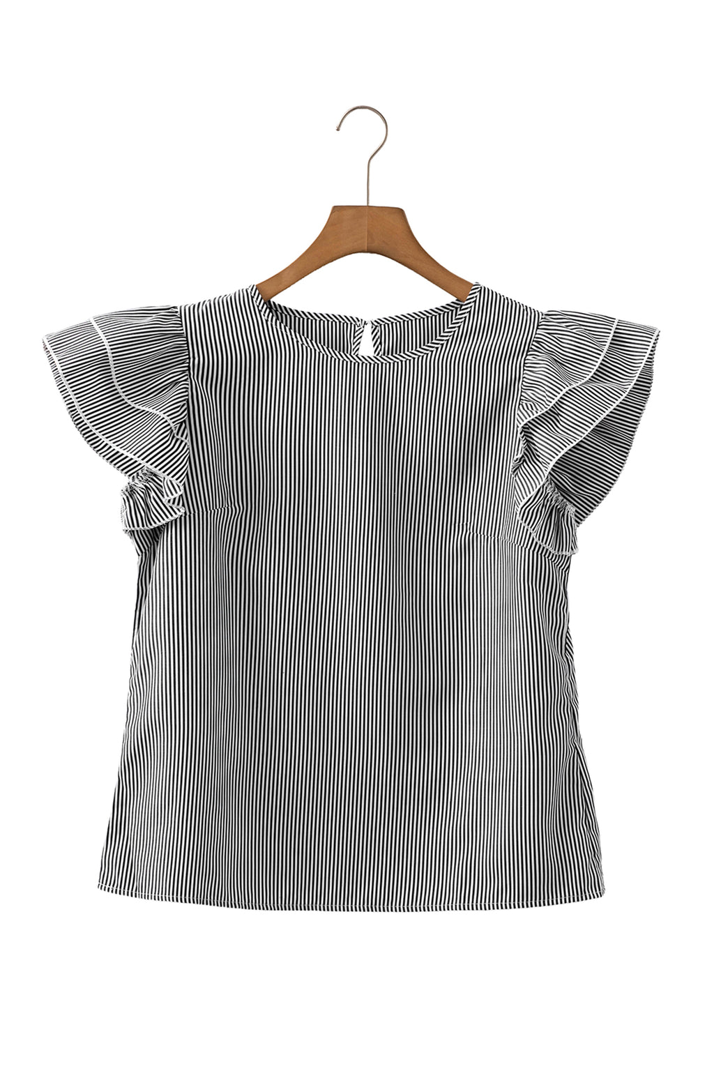 Black Stripe Striped Ruffle Sleeve Short Sleeve Round Neck Casual Shift Blouse
