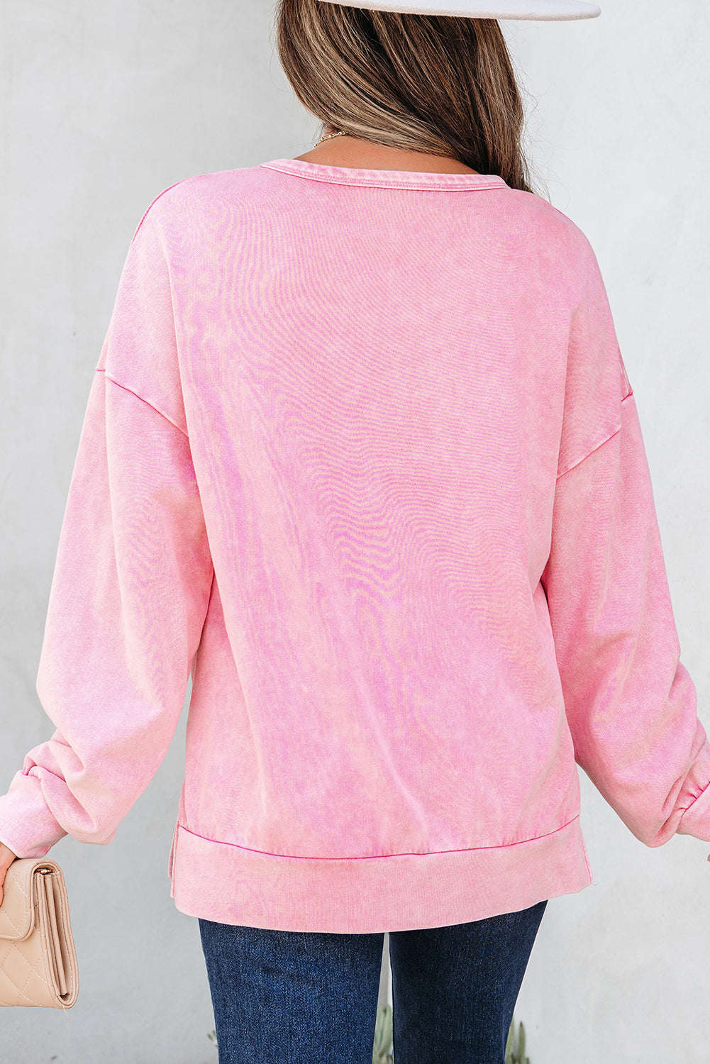 Light French Beige Mineral Wash Big Bow Patchwork Pullover Sweatshirt