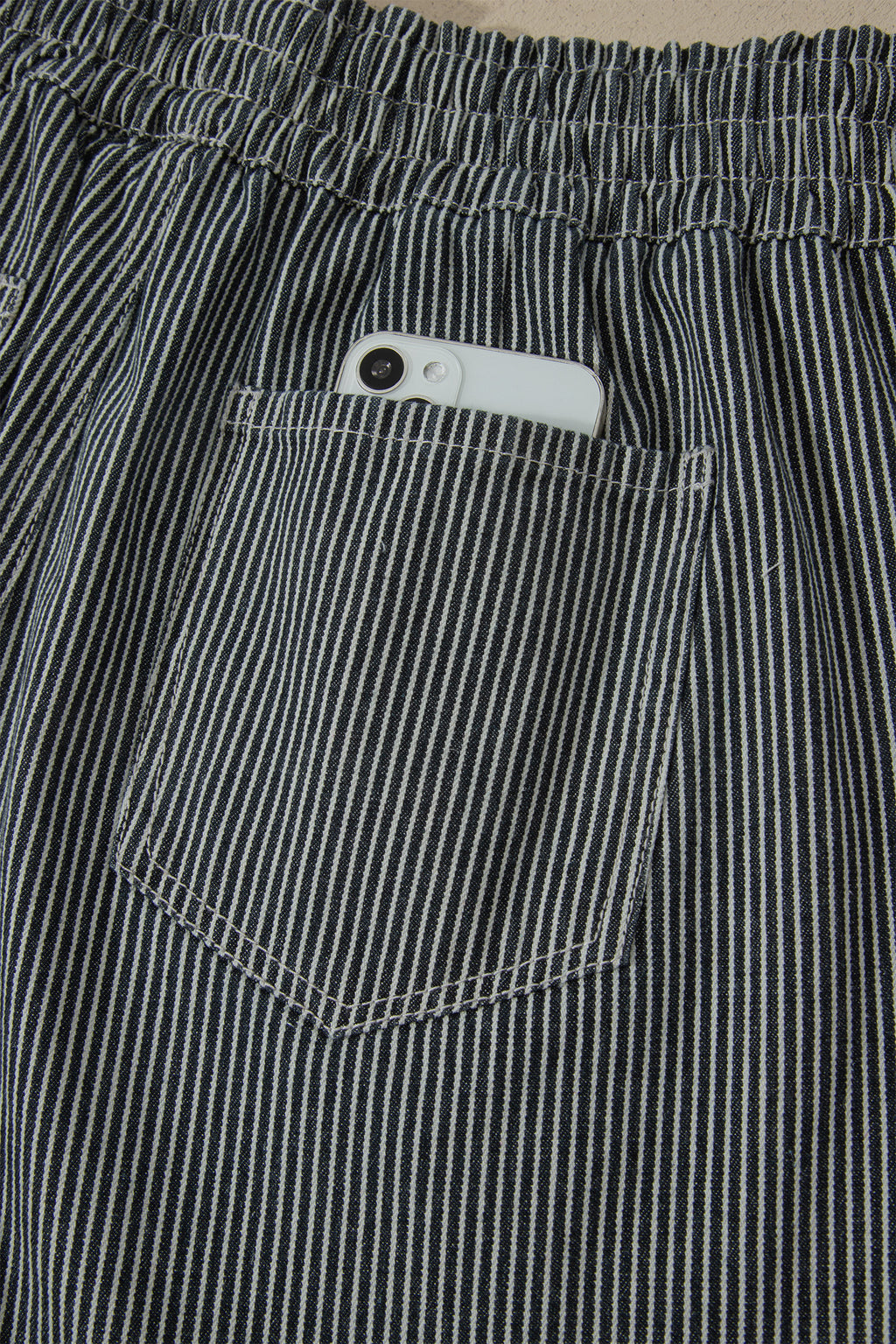 Black Stripe Raw Edge Drawstring Elastic Waist Casual Denim Shorts
