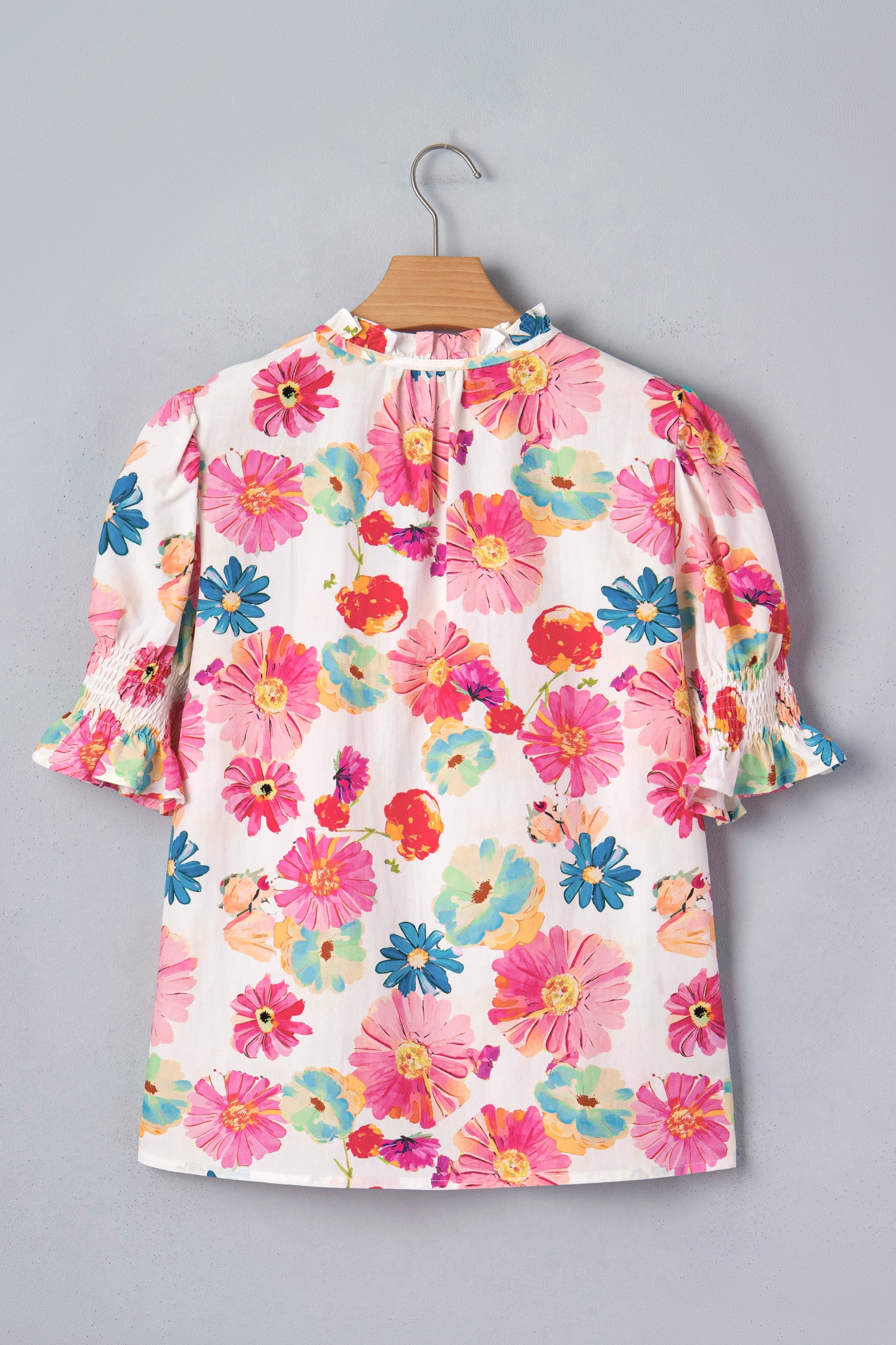 Beige Vibrant Summer Floral Tie V Neck Short Puff Sleeve Blouse