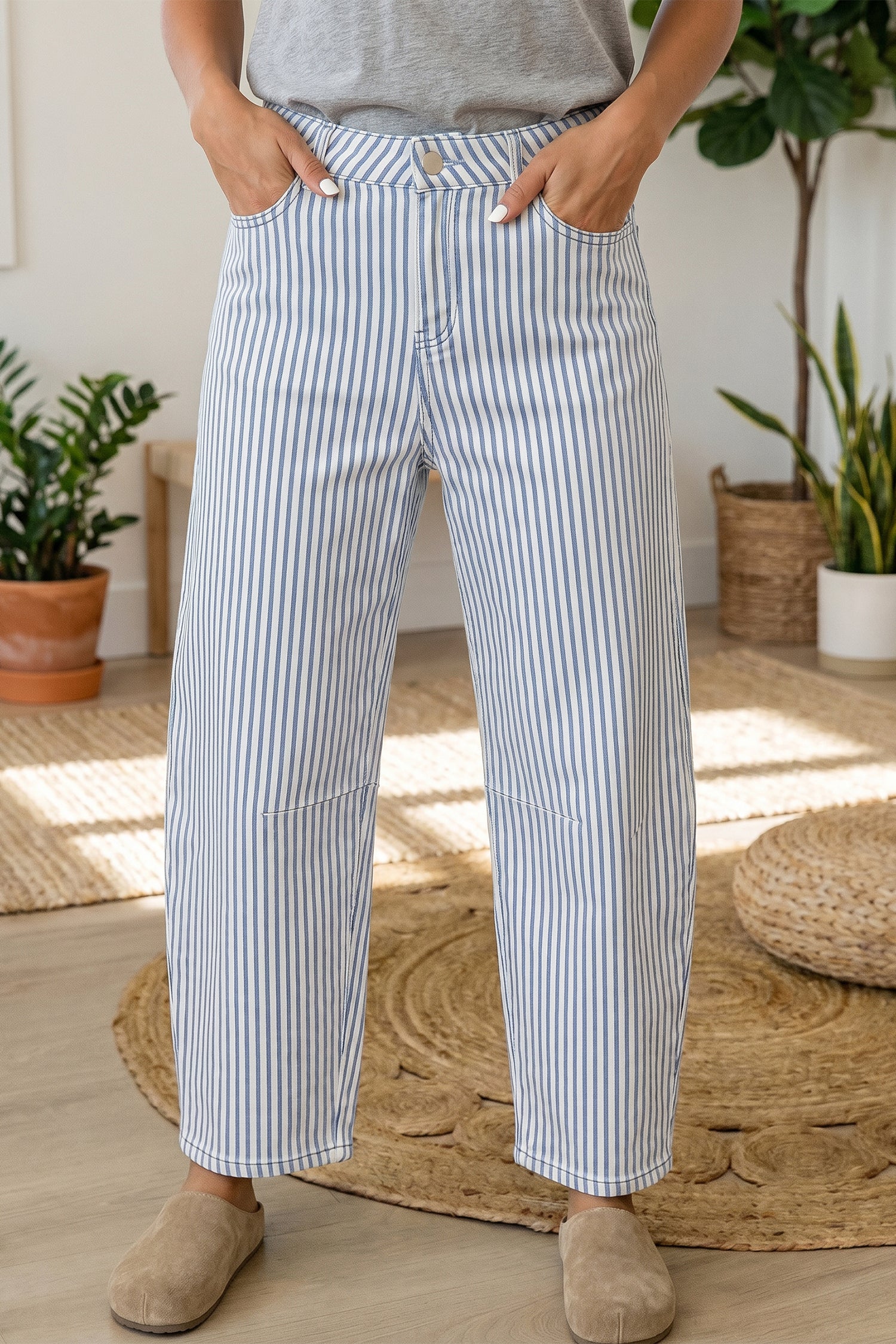 Brown Stripe Casual Barrel Jeans