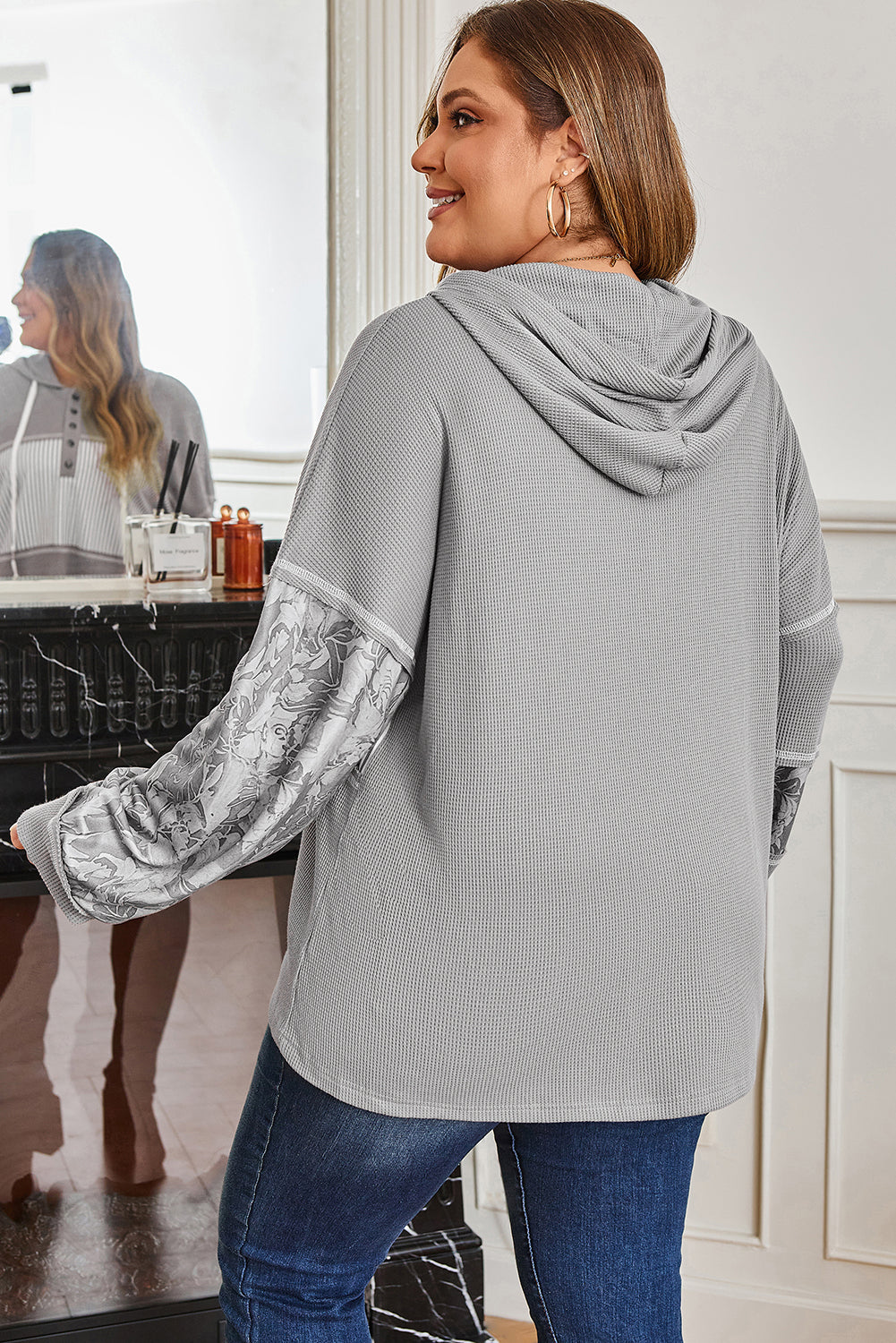 Gray Mixed Pattern Waffle Knit Patchwork Half Buttons Plus Hooded Top