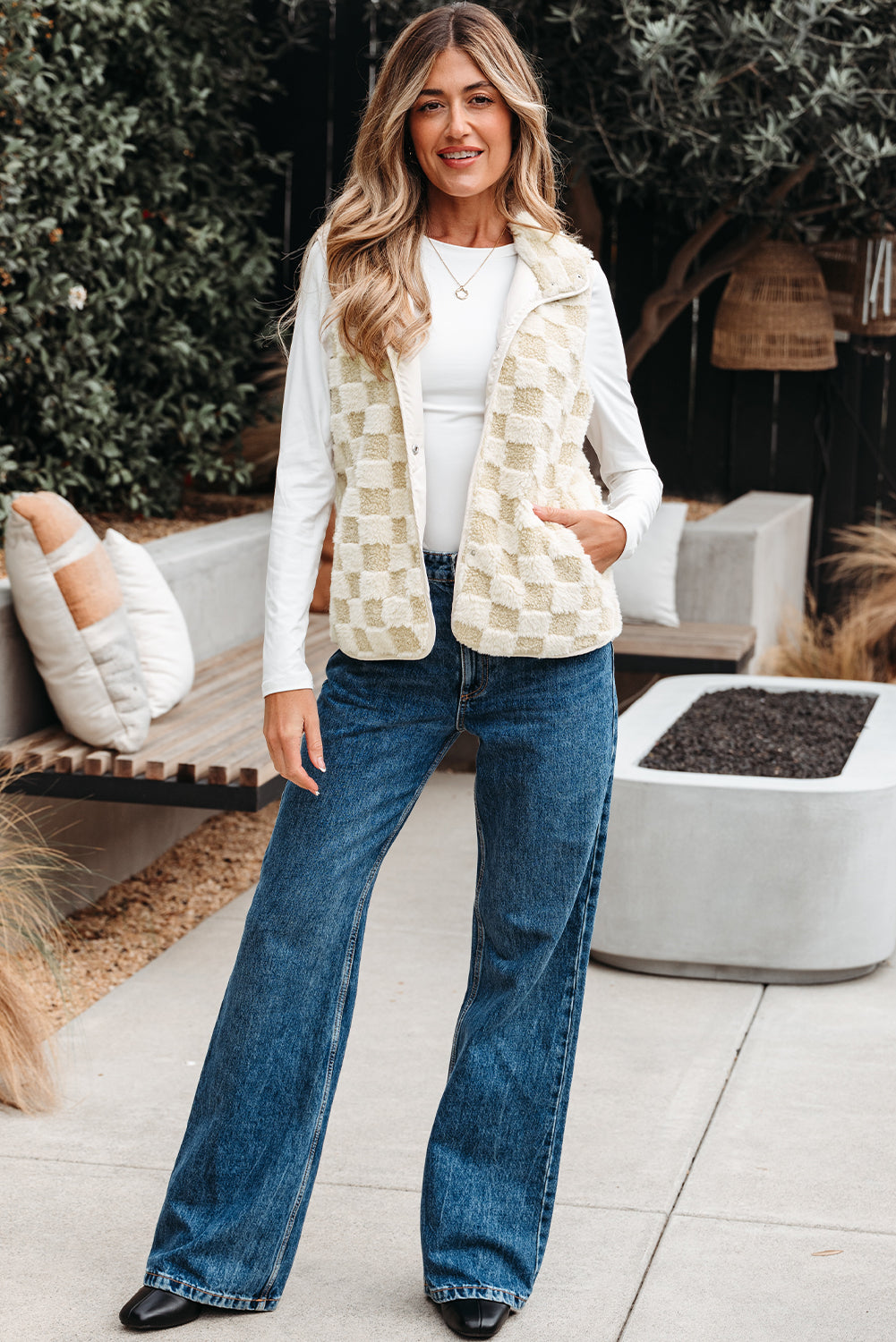 Khaki Sherpa Checkerboard Snap Button Vest Jacket With Pocket