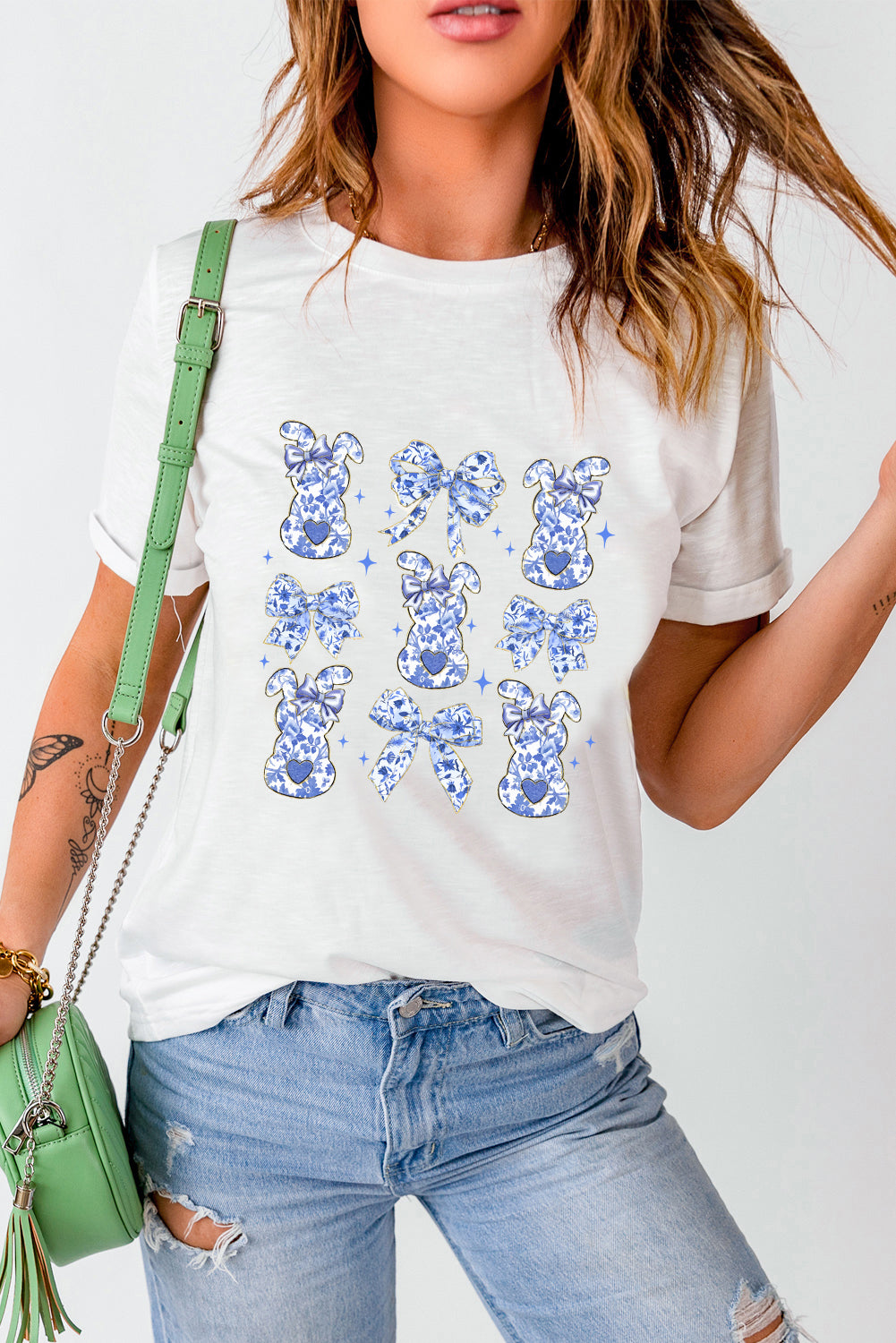 White Bowknot Bunny Graphic Easter Fashion T Shirt