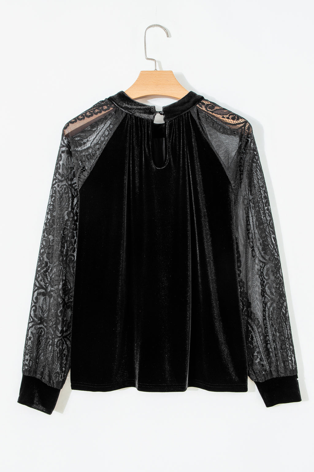 Color Black Solid Color Sheer Lace Long Sleeve Patchwork Stand Neck Velvet Blouse