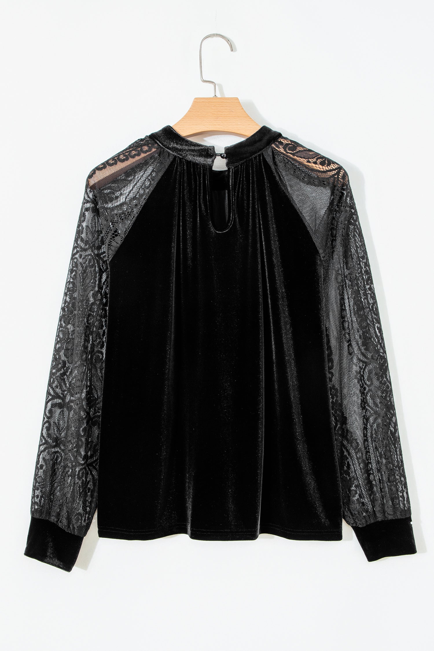 Color Black Solid Color Sheer Lace Long Sleeve Patchwork Stand Neck Velvet Blouse