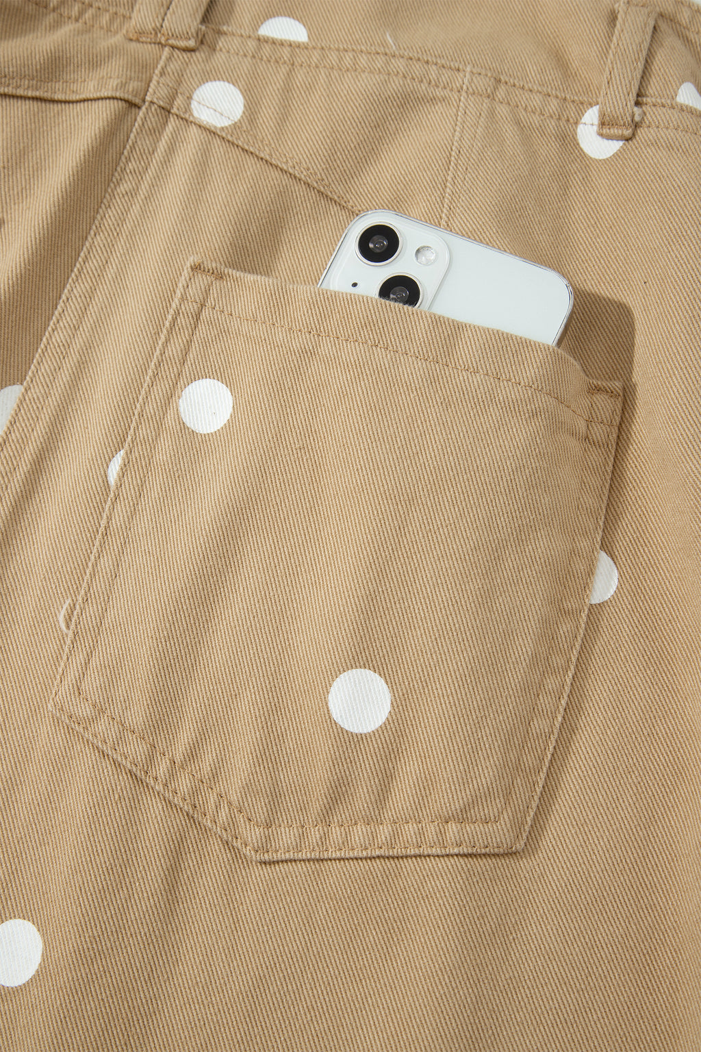 Light French Beige Polka Dot Print Bib Pocket Denim Barrel Overalls Jumpsuit
