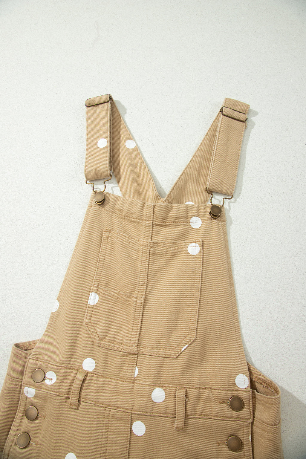 Light French Beige Polka Dot Print Bib Pocket Denim Barrel Overalls Jumpsuit